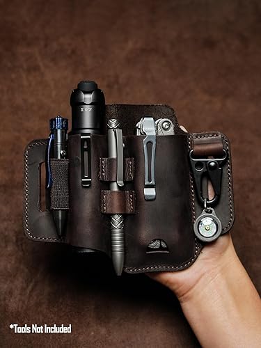 Miniatura 5 de Funda multiherramienta de cuero, organizador de cinturón EDC para herramientas Leatherman, linterna, bolígrafo y clip para llavero, duradero y