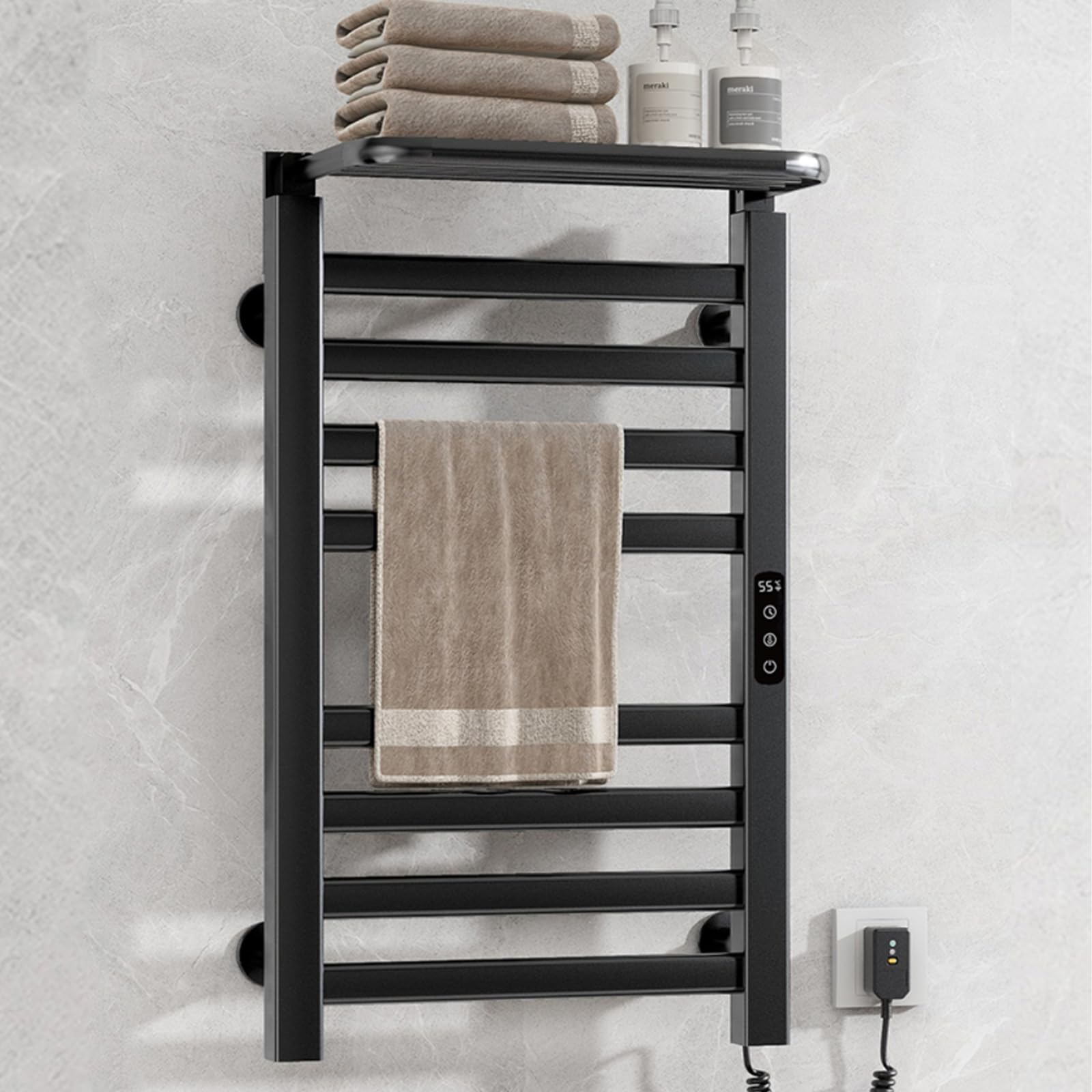 Chauffe-serviettes électrique blanc avec minuterie et étagère pliable