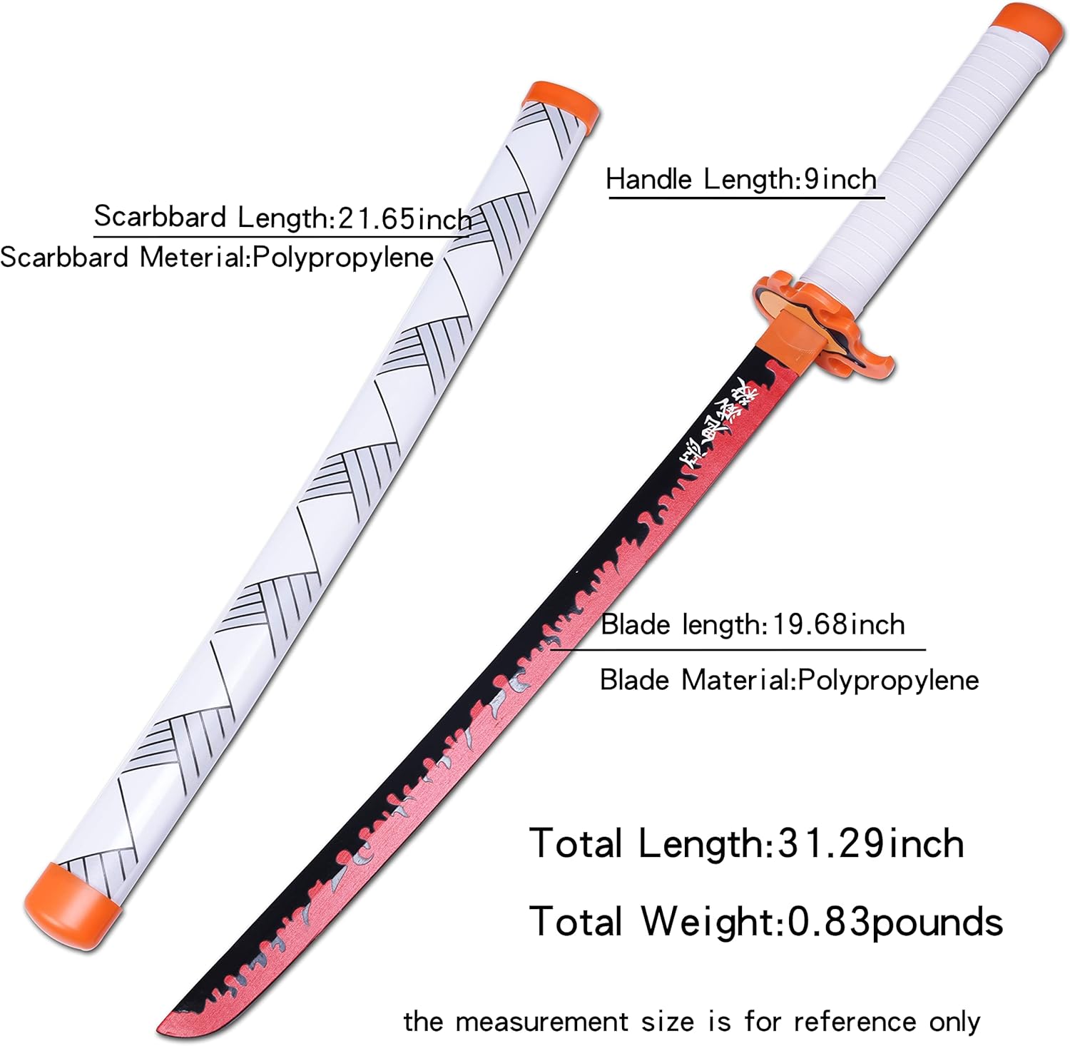 Diagram showing the dimensions of the katana sword, including total length, blade length, handle length, and scabbard length.