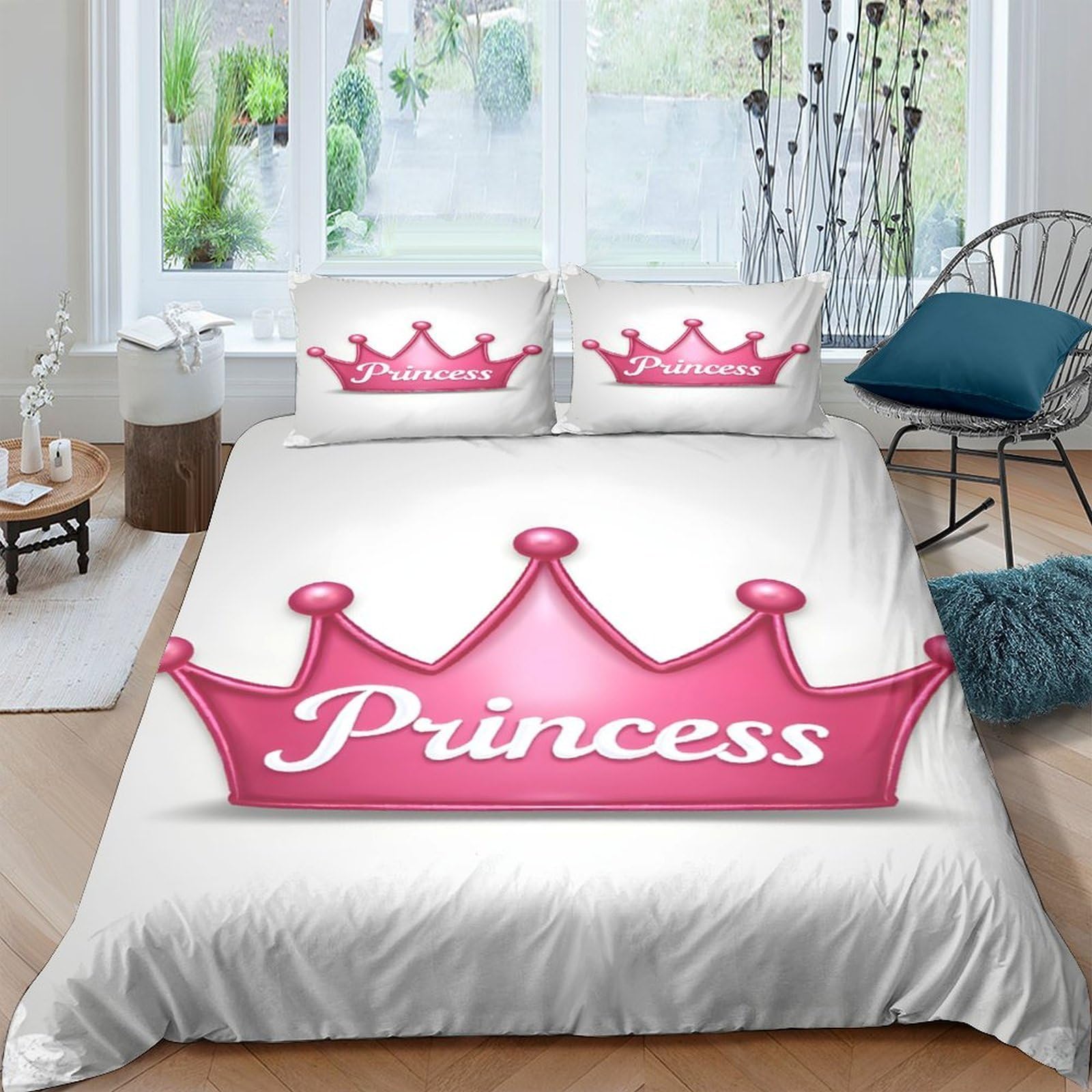 GPLZQXKJNH 3D Printed Pink Crown Princess Duvet Cover Microfiber Soft Breathable Bedding Set with 2 Pillowcases for Bedroom Decor Single（135x200cm）