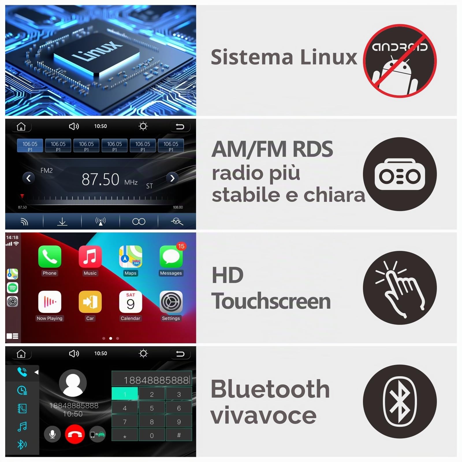 Autoradio per Fiat Grande Punto Autoradio Android con Wireless CarPlay Android Auto per Fiat Punto 2005-2009 per Linea 2007-2011, Touchscreen Stereo Auto con BT HiFi FM RDS Canbus
