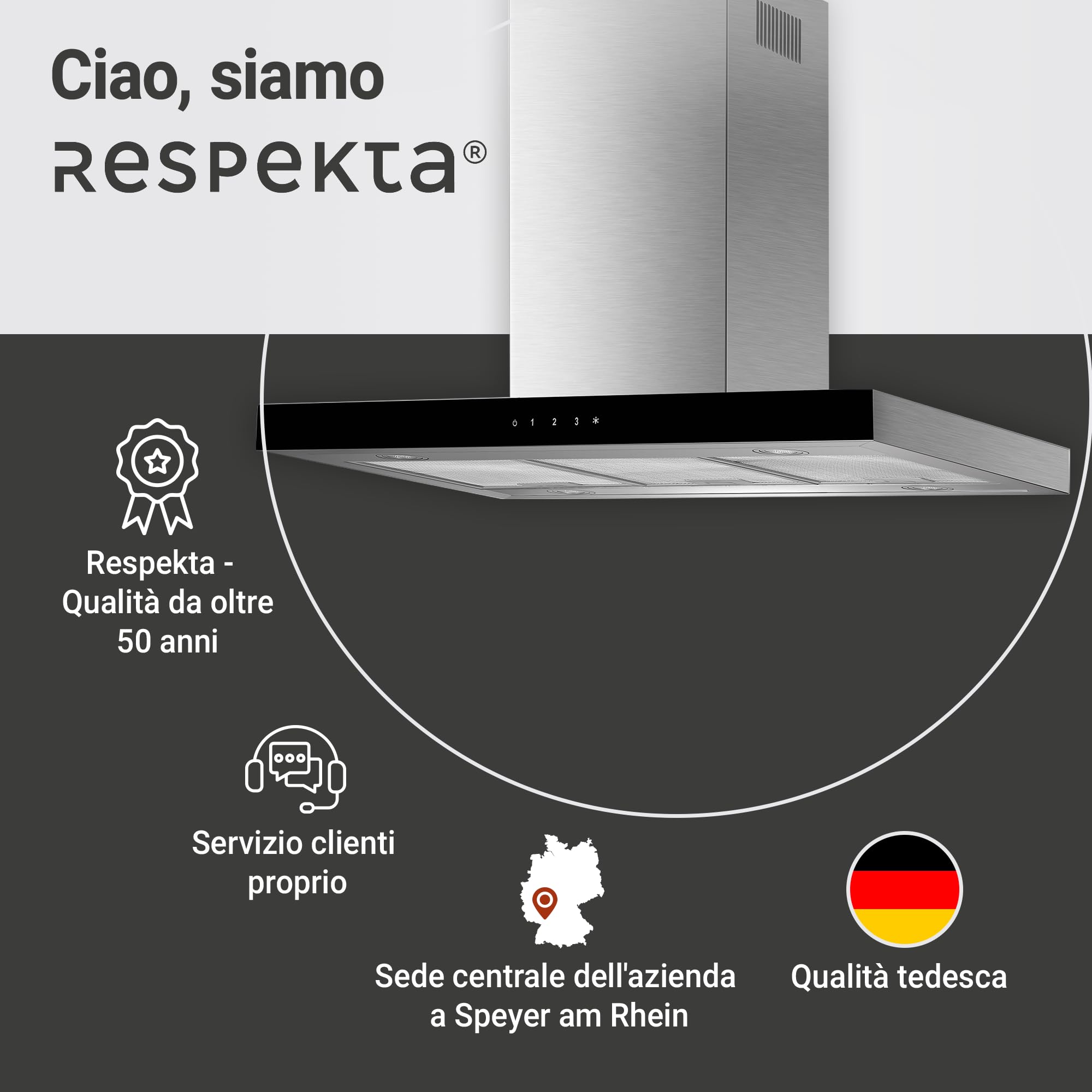 Respekta Cappa Aspirante, Cappa a Isola 90 cm, Struttura in acciaio inox con paralume in vetro Nero, Funzione di scarico e ricircolo d'aria, CH44099GISAM, A, 58–73 dB