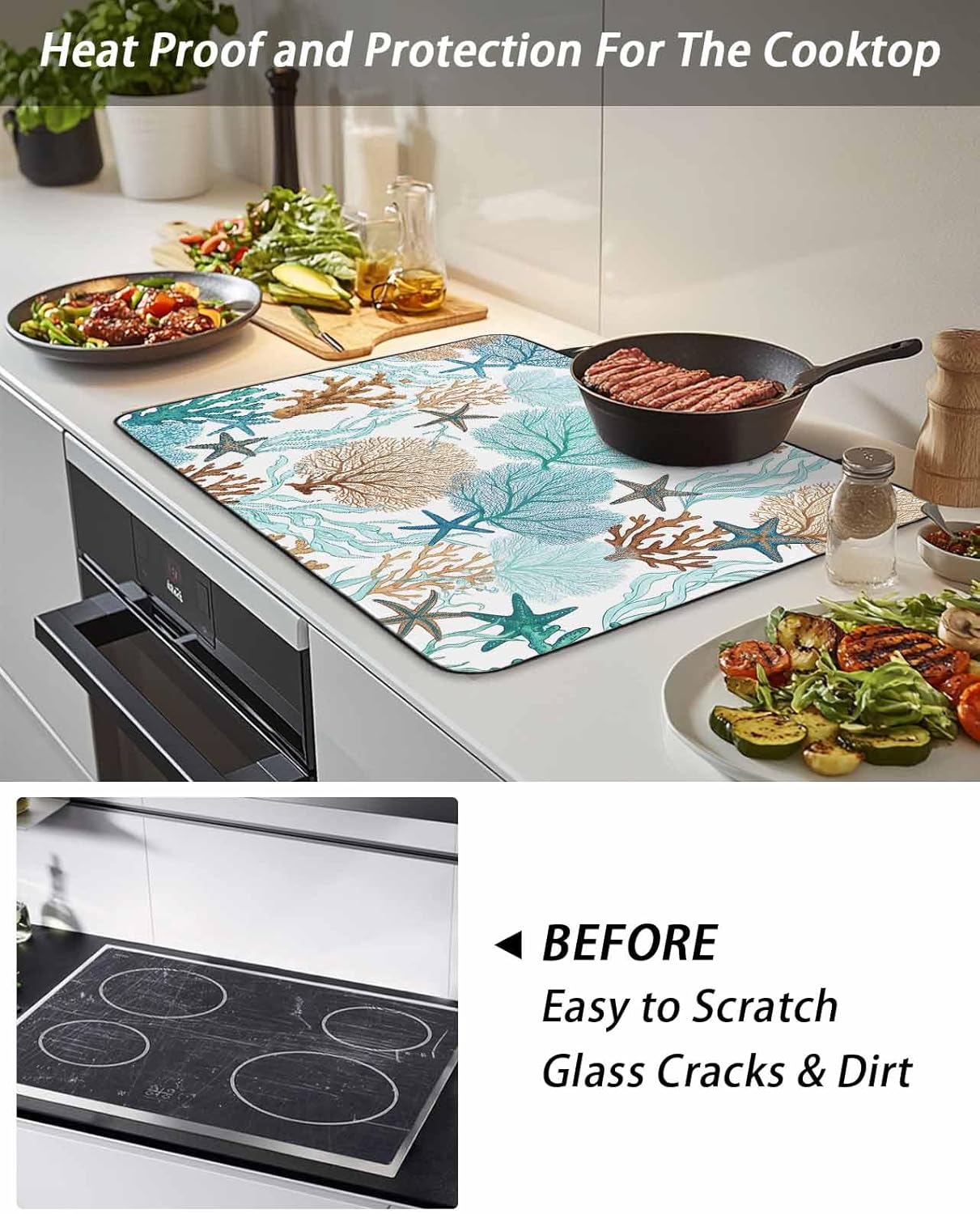 Stove Top Cover Teal Green Starfish Coral Stove Cover for Electric Stove Top Summer Beach Ocean Glass Cooktop Covers Anti-Slip Mat Heat Resistant Countertop Protector Kitchen Decor 28.5"x20.5"