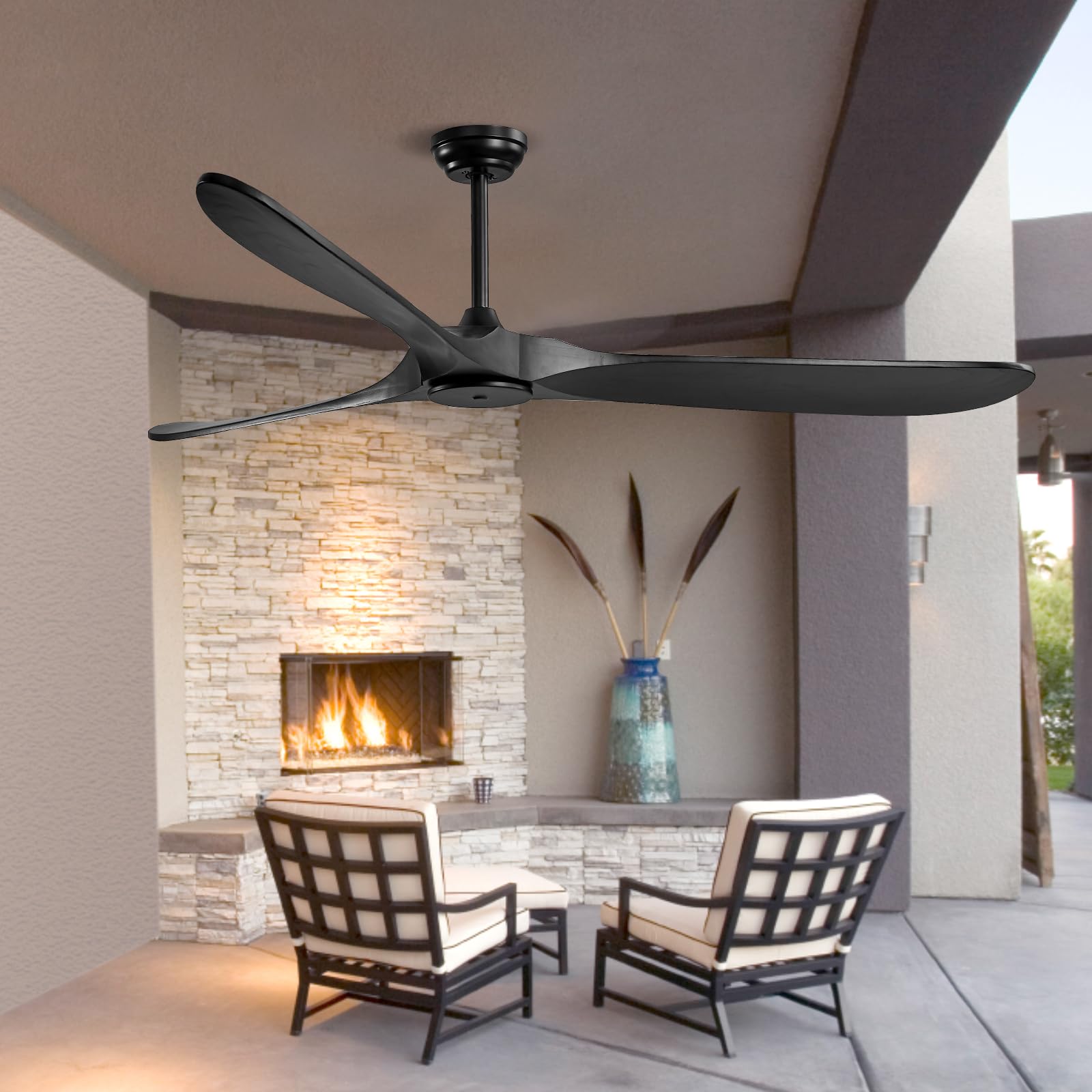 VEVOR Ventilatore da Soffitto Senza Luce da 180 cm Moderno Ventilatore Esterno a Filo a Basso Profilo, Telecomando a 6 Velocità, 3 Pale in Legno, Motore CC Reversibile, per Soggiorno e Patio, Nero