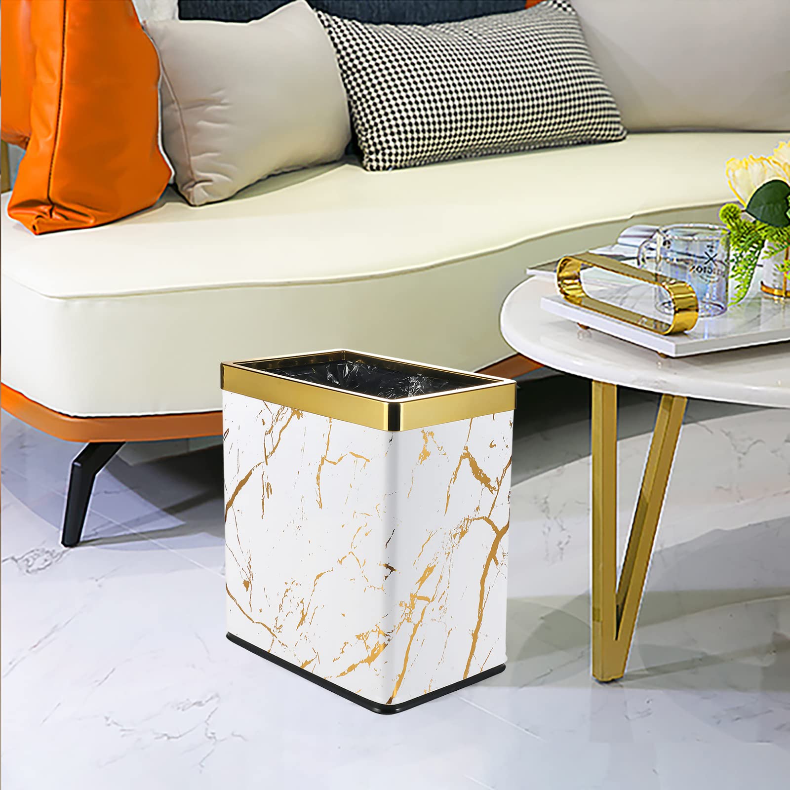 Huaqinglian Small Office Trash can bedroom Wastebasket,Rectangle Slim bathroom kitchen garbage can 2.6Gallon(White Gold Marble)