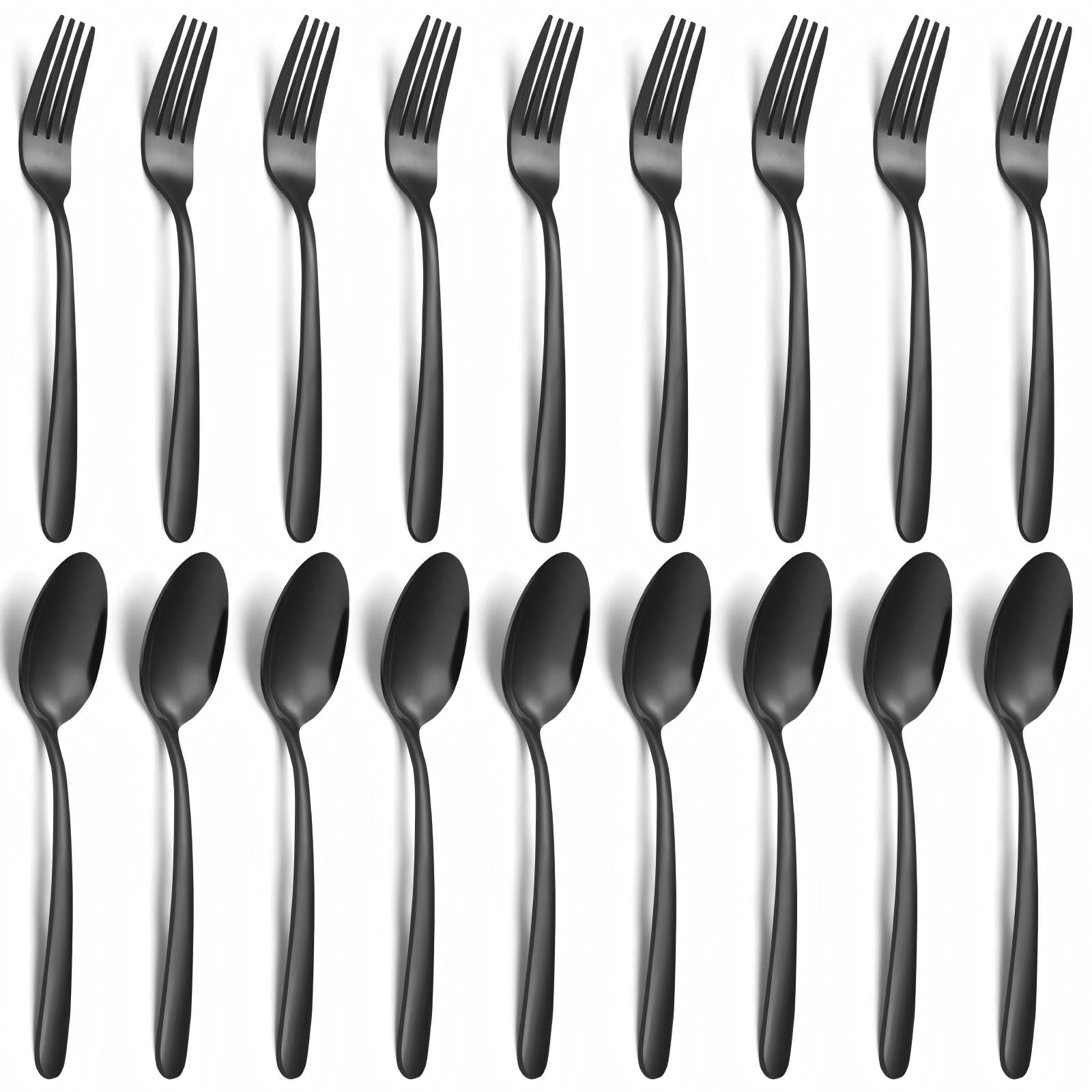 Unokit 24-Piece Forks and Spoons Silverware Set - Forks and Spoons Food Grade Stainless Steel Silverware for Home, Kitchen and Restaurant, 12-Fork and 12-Spoon, Mirror Polished&amp;Dishwasher Safe, Black