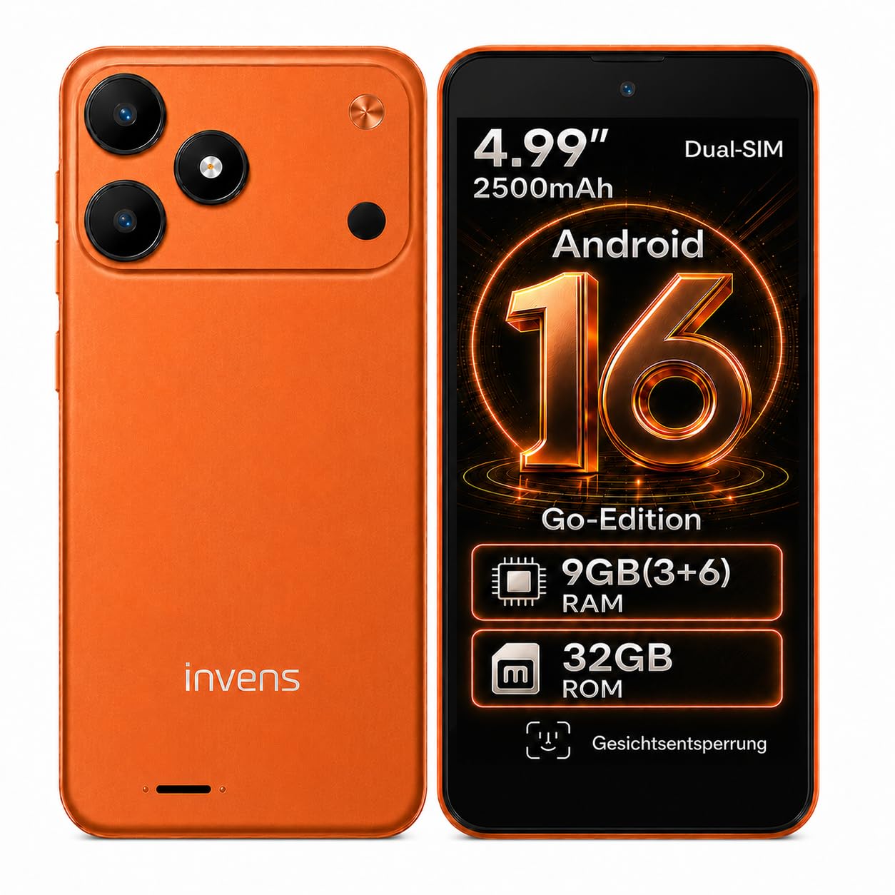 invens TK02 Smartphone Ohne Vertrag Günstig, Android 16 Go Handy, 5,0 Zoll, 9GB RAM (3+6) + 32GB ROM, 4G LTE, Dual SIM + TF 256GB, 8MP + 5MP Kamera, Abnehmbarer Akku, USB-C, 3,5 mm, Orange