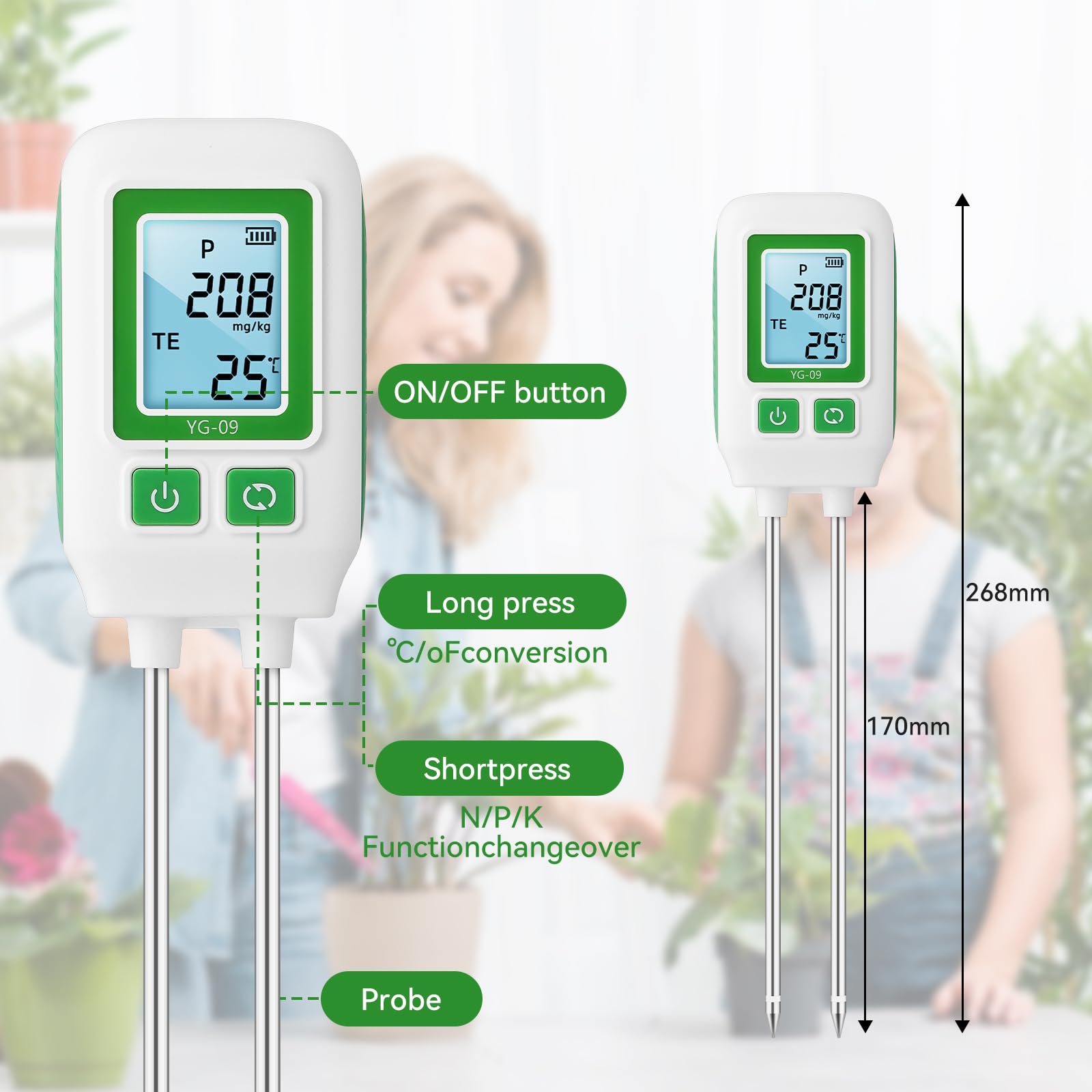 Misuratore di Suolo 4 in 1 per NPK e Temperatura, Sonda da 268mm Tester Digitale di Fertilità per Giardinaggio Domestico Piante e Orto