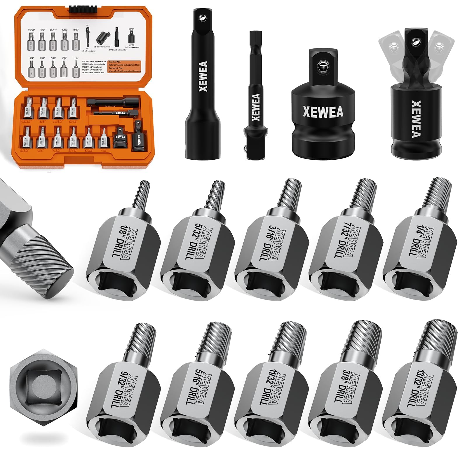 XEWEA 14PCS 3/8" Drive Screw Extractor Set，Multi-Spline Easy Out