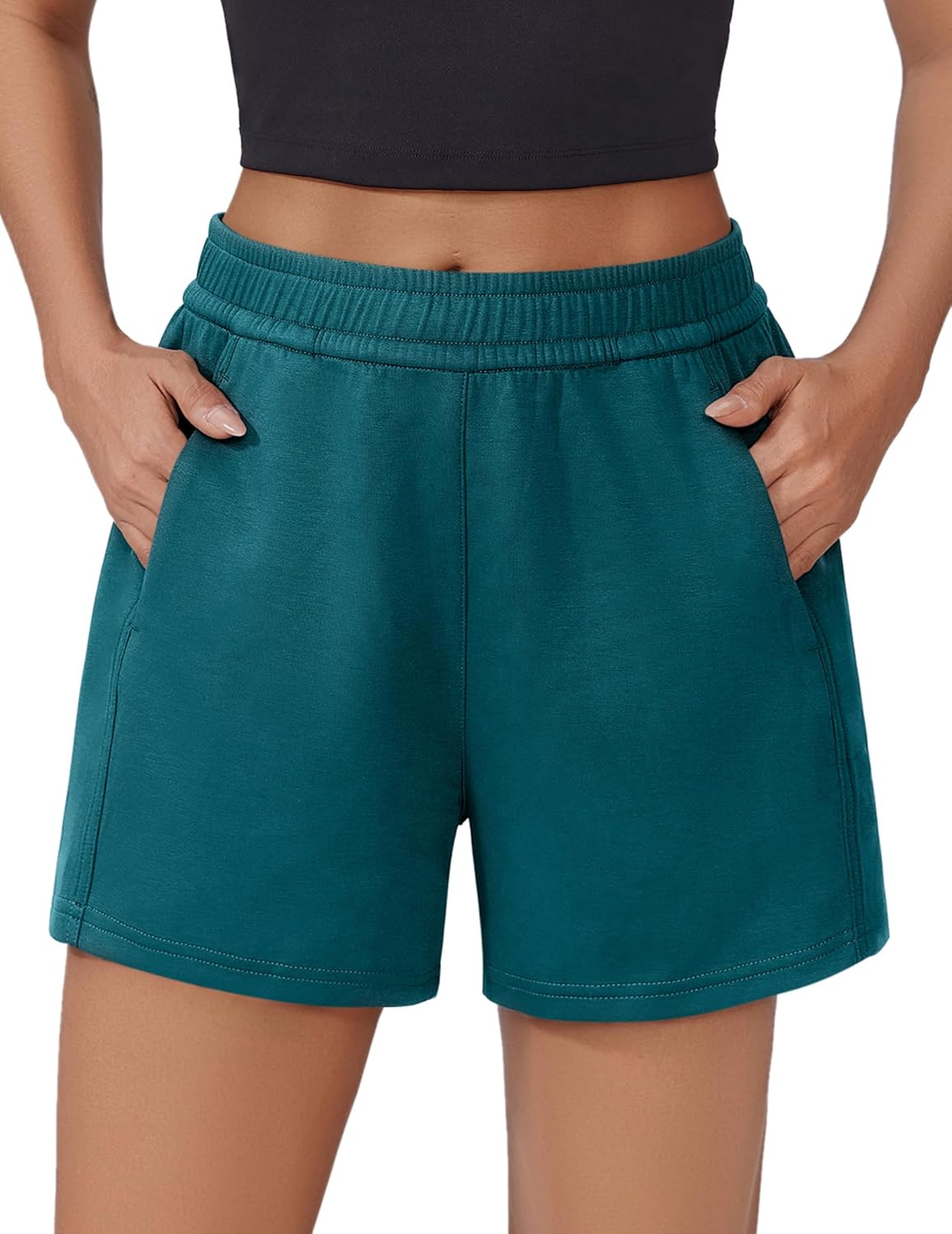 PINSPARK Athletic Sweat Shorts Women Elastic High Waisted Comfy Short Drawstring Casual Lounge Shorts with Pockets