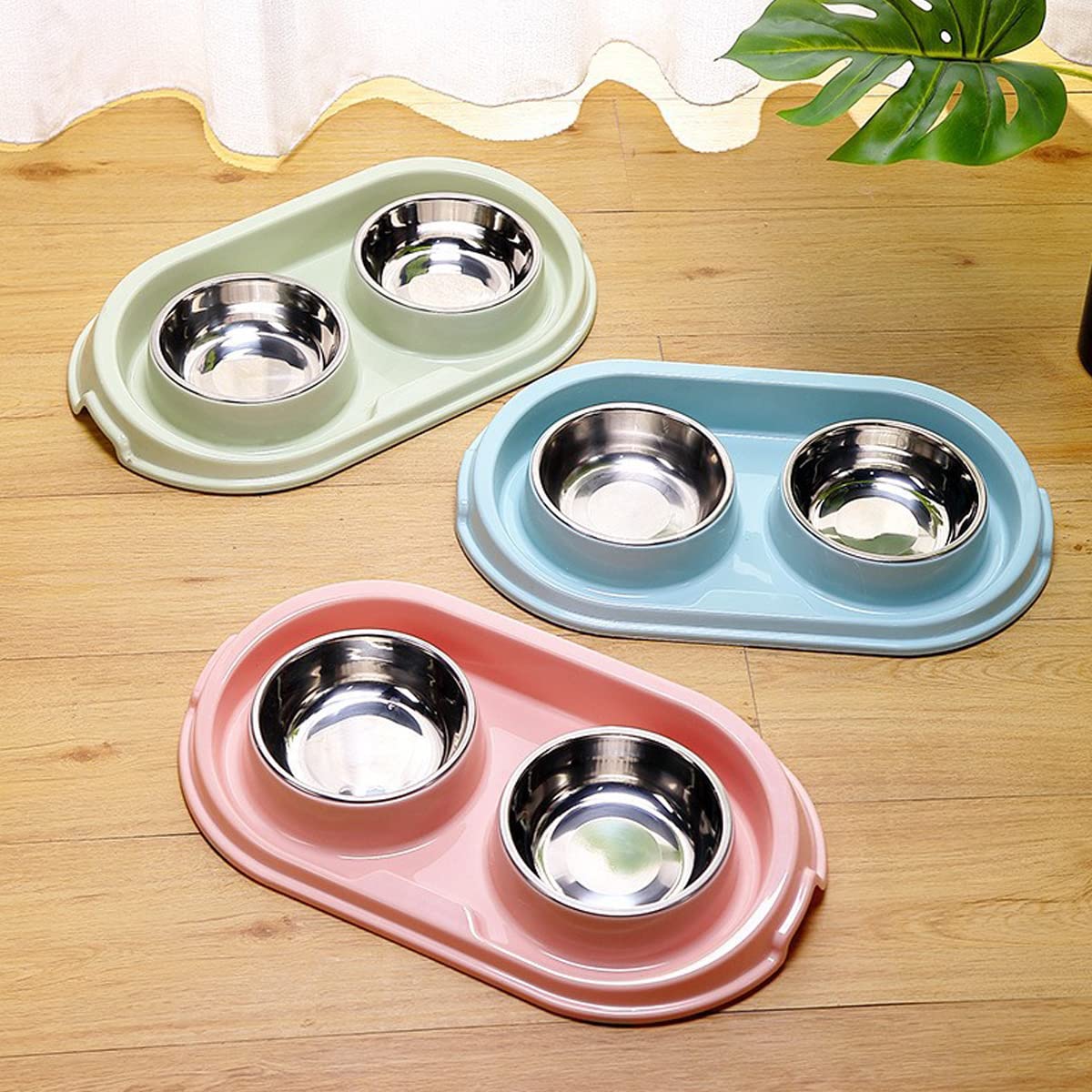 Cuencos dobles de comida para perros y gatos, cuencos de acero inoxidable para mascotas y cuencos de agua para perros con estación de polipropileno antideslizante y antiderrames, comedero de