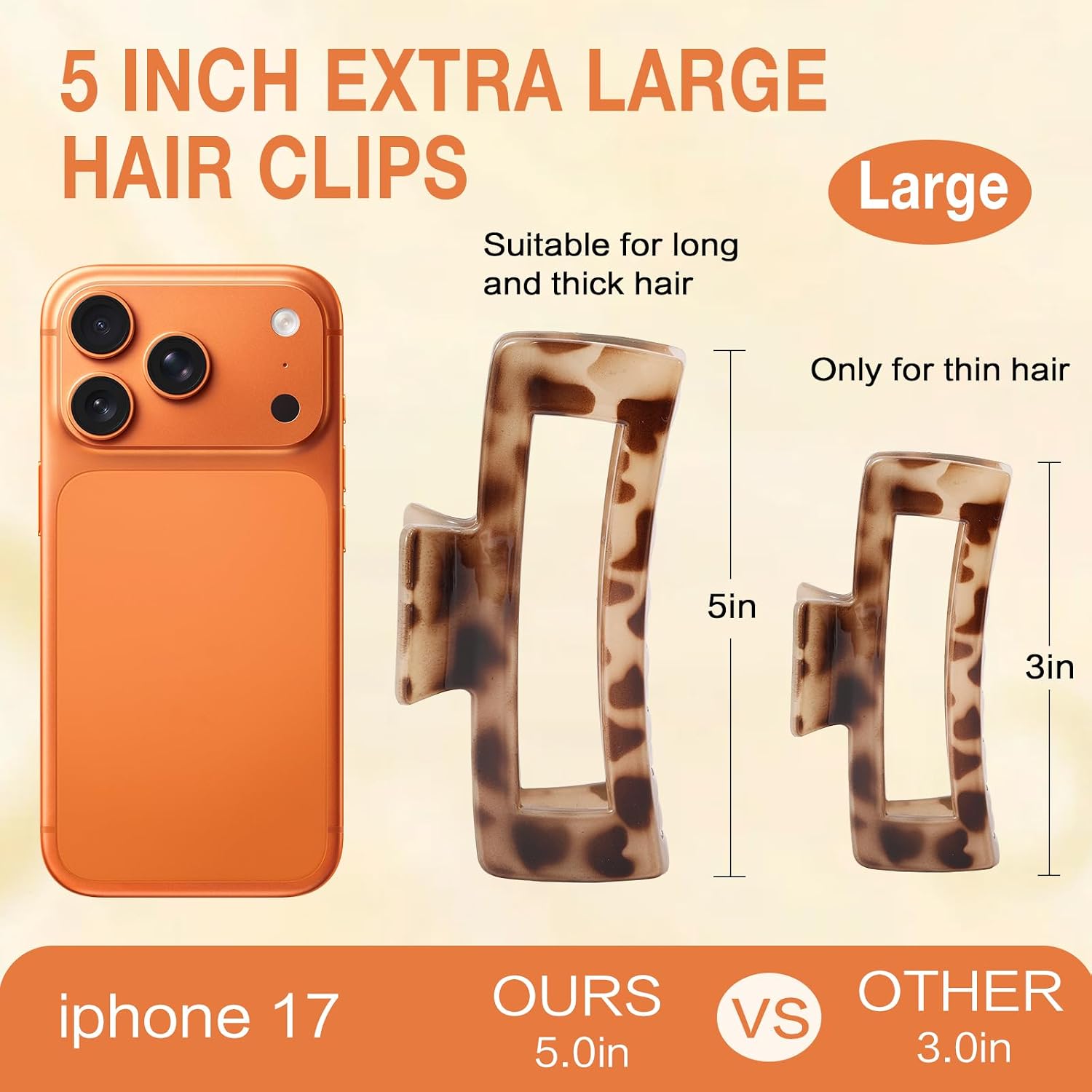 6 Pack 5 Inch Extra Large Claw Clips for Thick Hair, Jumbo Claw Clip for Women Girls, Strong Hold Non-slip Hair Clips for Thick/Long/Curly Hair, XL Square Jaw Accessories, Tortoise Shell