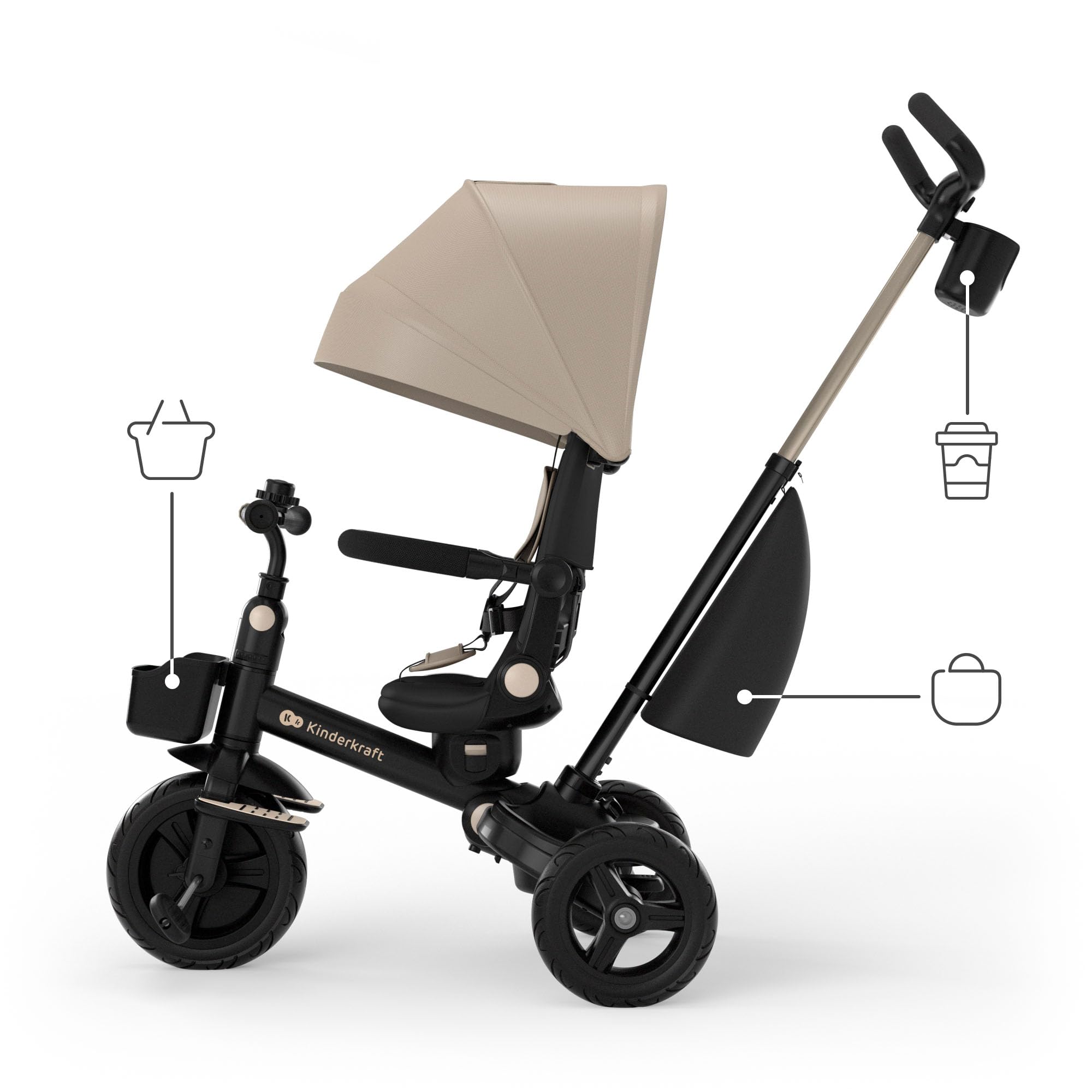 Kinderkraft Aveo 2 PRO Dreirad 6 in 1, Click&Twist Sitz drehbar, Liegefunktion beidseitig, Klappbar, Kompakt, UPF50+ Verdeck, Freilauf, Ab 9 Monaten bis 5 Jahre, Beige