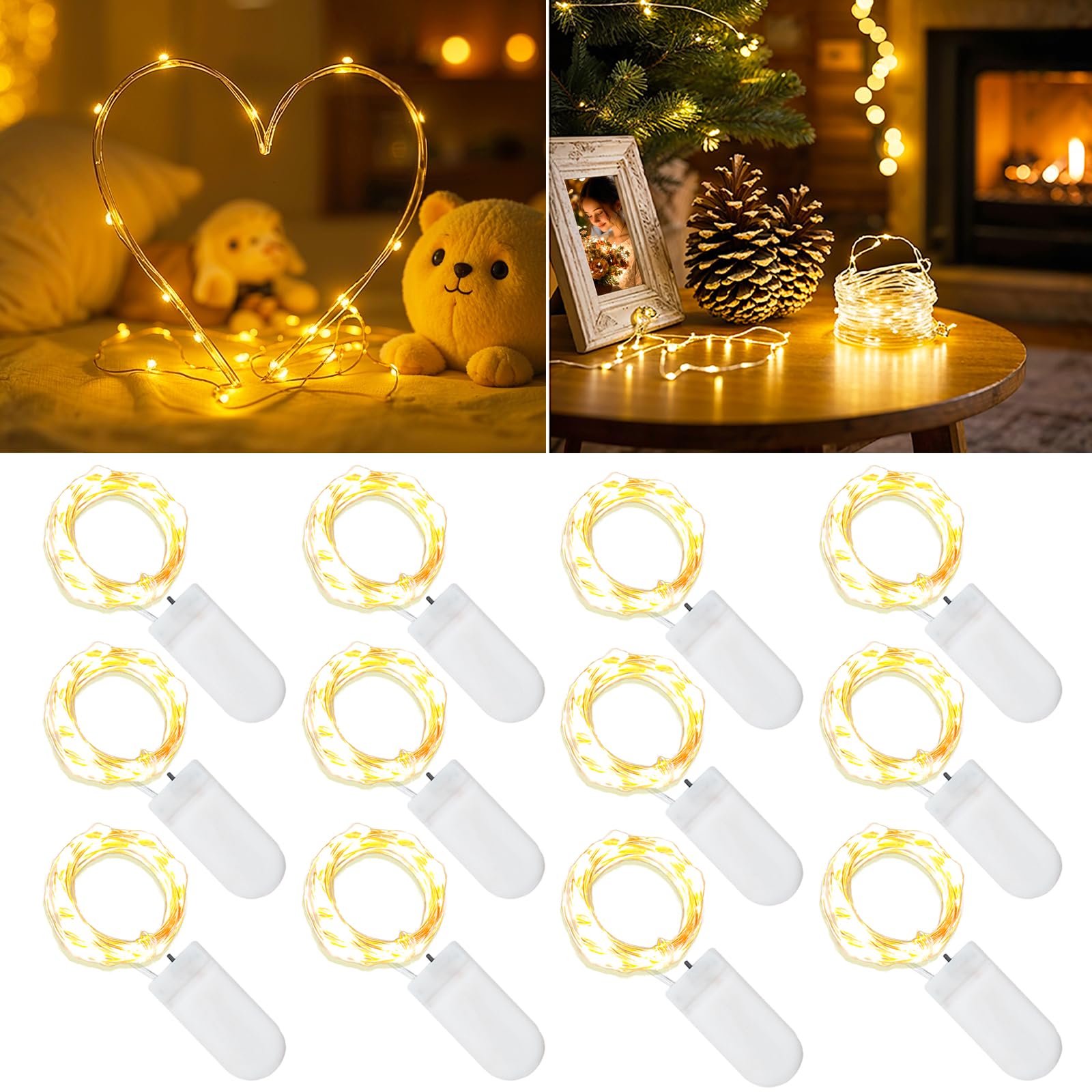 Etinga Paquete de 12 luces de hadas de 7 pies con 20 LED, luces decorativas alimentadas por pilas para fiestas, bodas, Navidad, decoraciones de vacaciones (blanco cálido, paquete de 12 unidades de 7