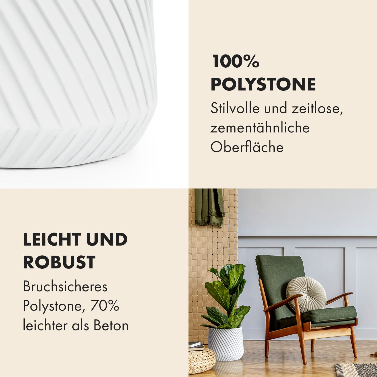 Fox & Fern Weiße Pflanzgefäße für Zimmerpflanzen (2er-Set) – Premium-3D-Textur, Polystein, 20,3 cm und 25,4 cm, moderne weiße Blumentöpfe für drinnen und draußen, glatte Innenseite, leicht