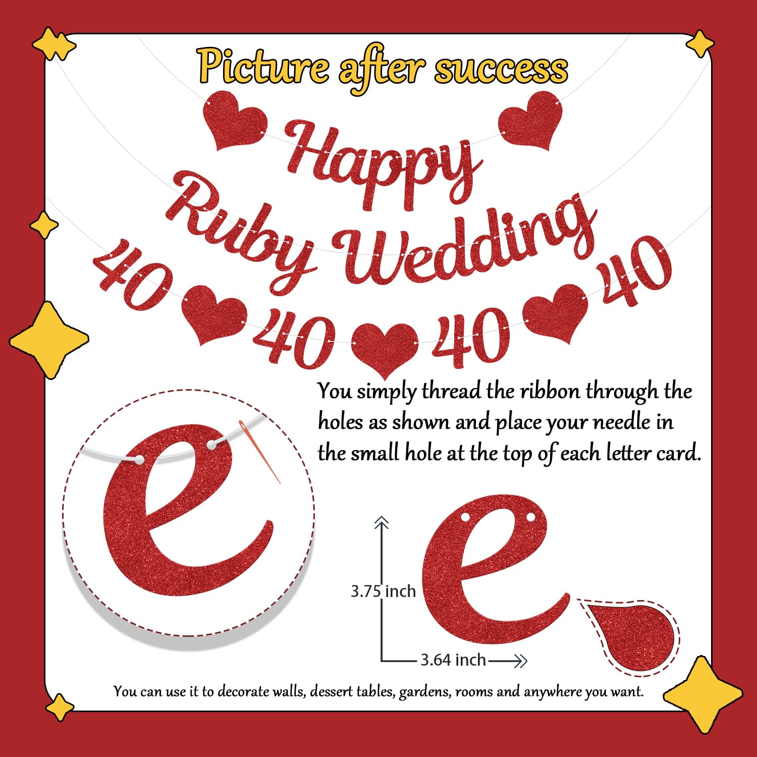 Happy 40th Wedding Anniversary Banner - Happy Ruby Wedding Banner Red Glitter - Image 2