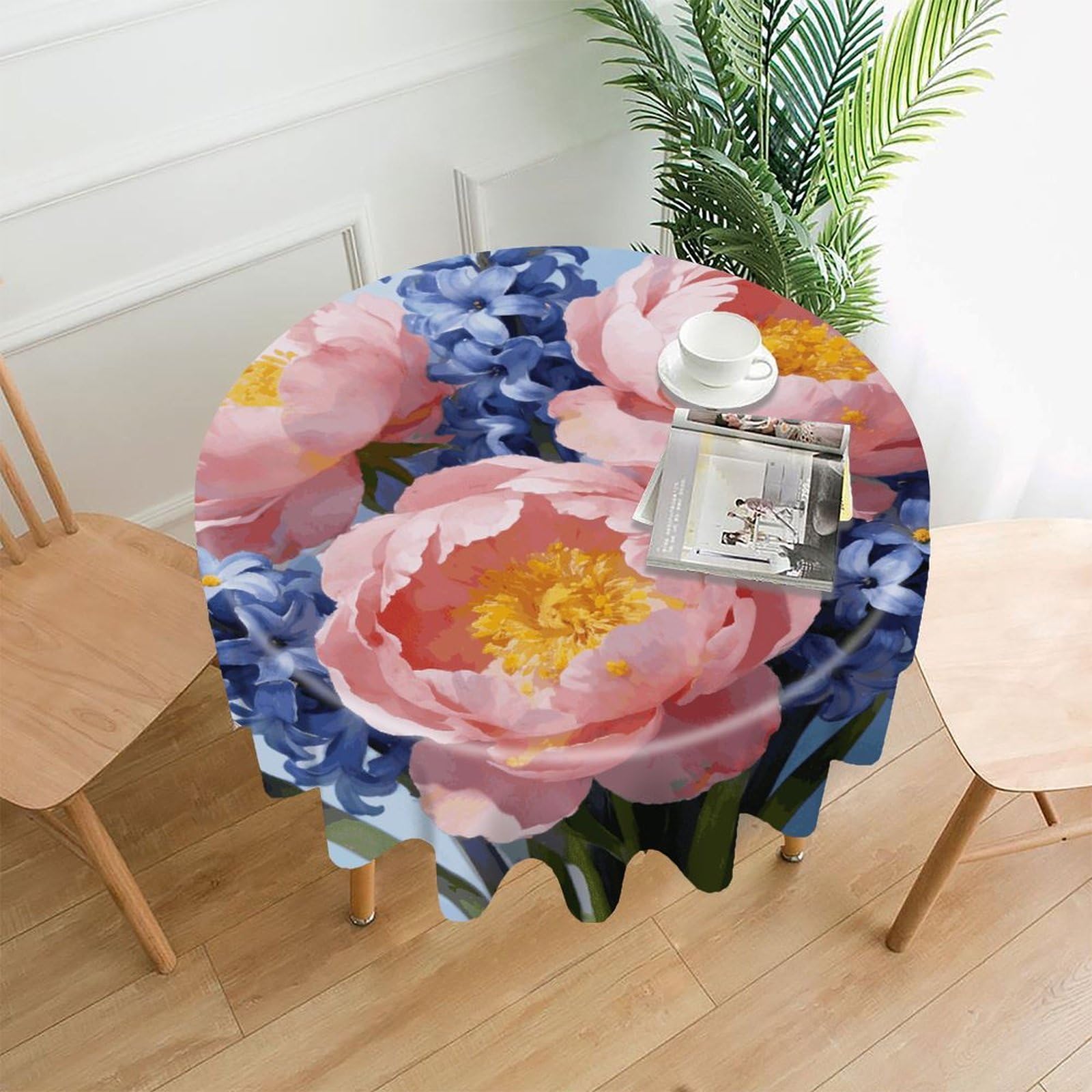 LZQPOEAS Powder Mist and Wind Signal Tablecloth Easy to Clean Polyester Round Table Cover Washable Round Table Cloth Wrinkle-Free Circle Decoration Tablecloth for Kitchen and Dining Room 60"
