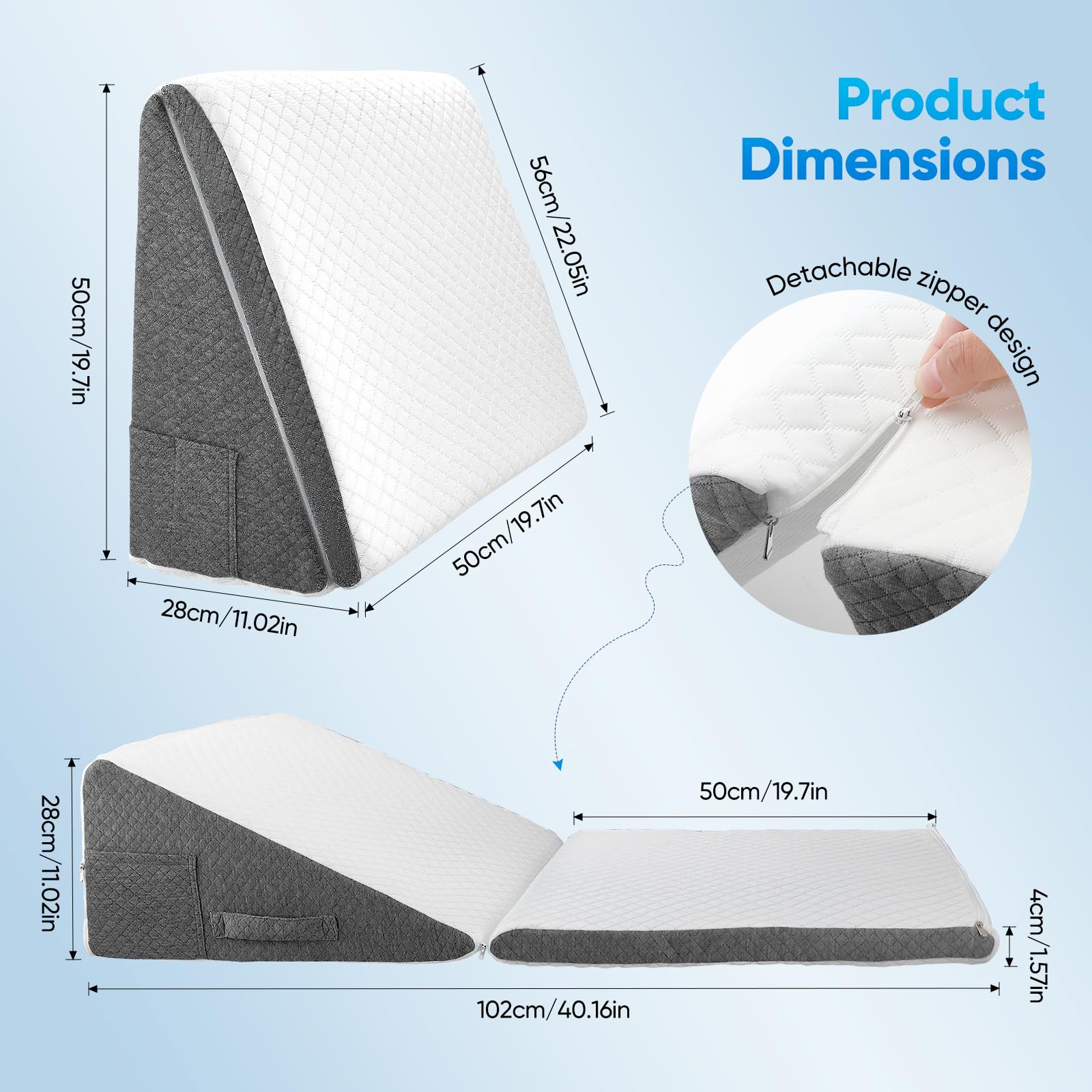 Cuscino a cuneo per letto e divano con memory foam, 50x50x26 cm - Cuscino per dormire regolabile in altezza, cuscino da lettura per divano/letto, cuscino per seduta e gambe, fodera lavabile