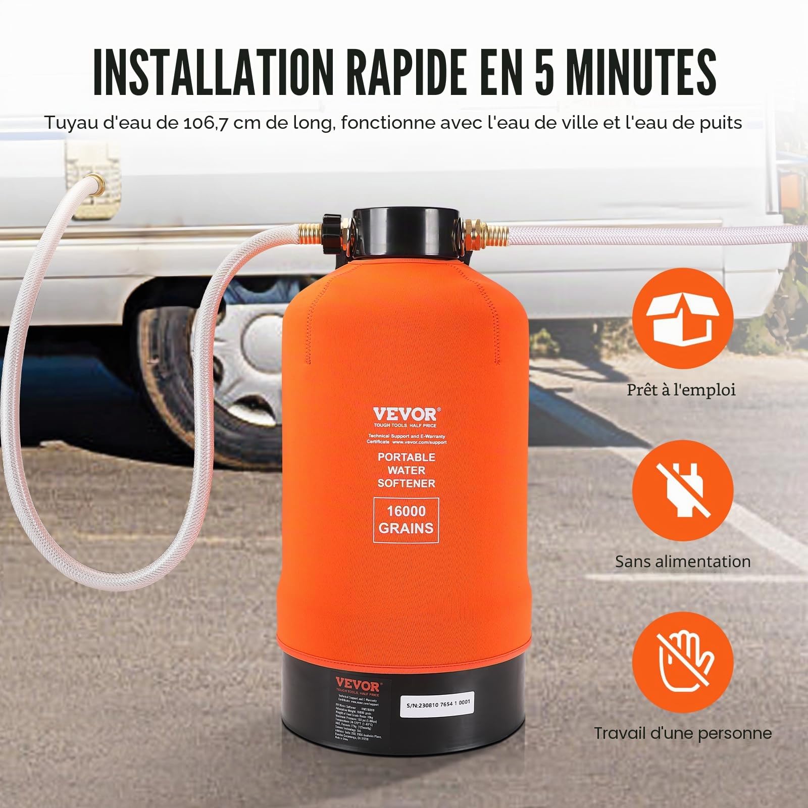 VEVOR Adoucisseur d'Eau Portable 16000 Grains Système de Filtration d'Eau avec Raccords 19 mm et Long Tuyau 106,7 cm sans Électricité pour Adoucissement d’Eau Dure Camping-car Caravane Bateau Domicile
