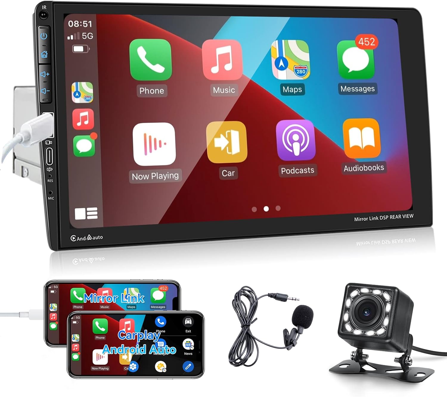 Autoradio 1 Din Con CarPlay E Android Auto - 9 Pollici Touchscreen, Bluetooth, Telecamera Posteriore, USB Tipo-C