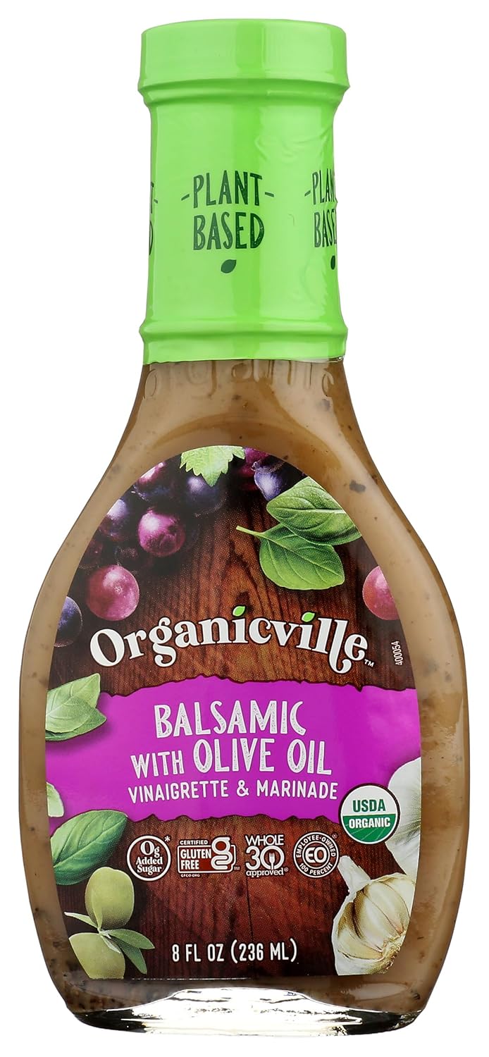 Organicville Balsamic with Olive Oil Vinaigrette & Marinade - Plant Based Balsamic Vinaigrette Salad Dressing, USDA Organic, Non-GMO, 0g Added Sugar, Paleo, Whole 30, Gluten Free, Vegan - 8 Oz, 6 Pack
