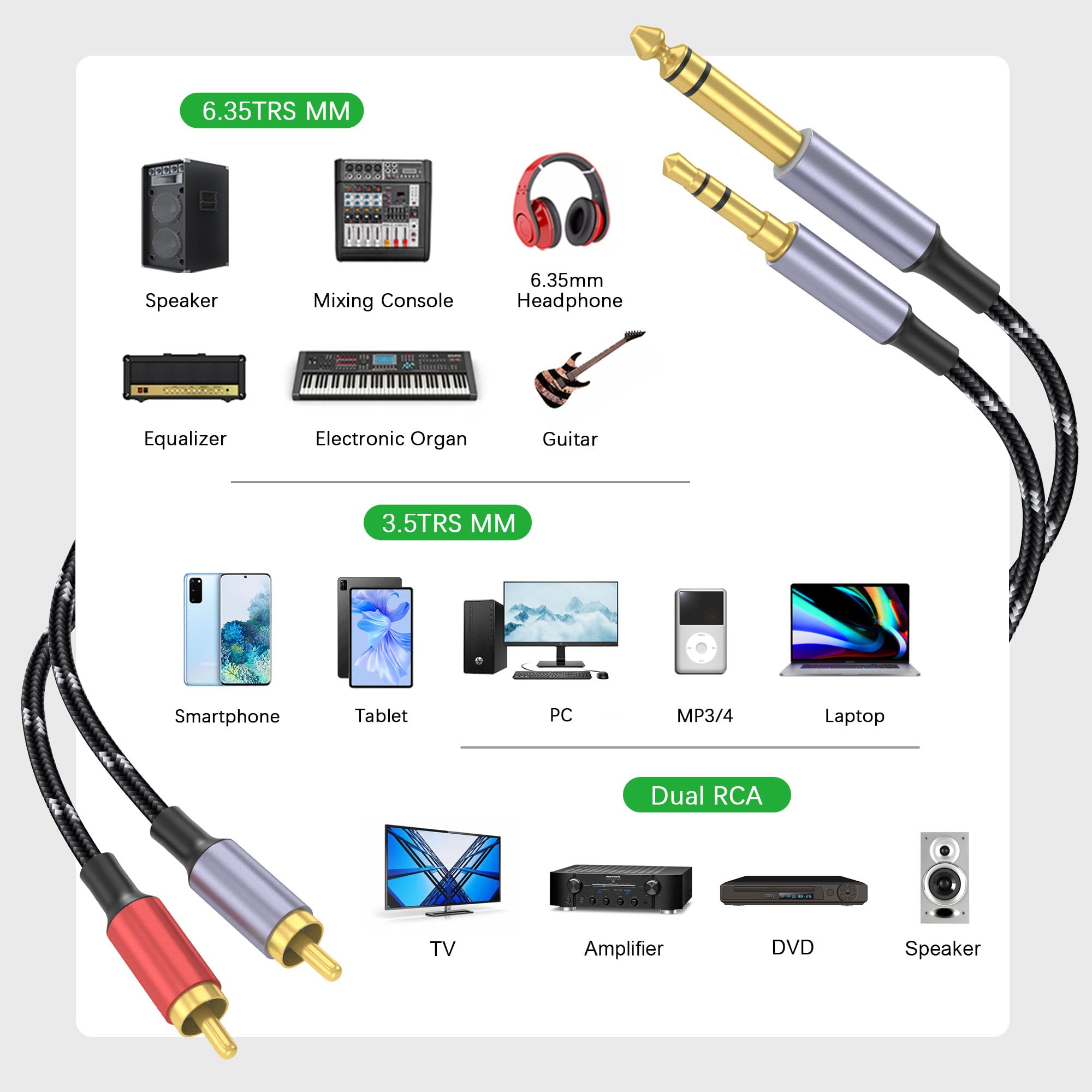 Kabel 3,5 mm na RCA, 1/4-calowy kabel TRS-na Dual-RCA, kabel audio 2 w 1, pozłacany kabel audio HiFi, kabel AUX 1/8 cala 6,35 mm adapter stereo Y do telefonu, głośnika, MP3, tabletu