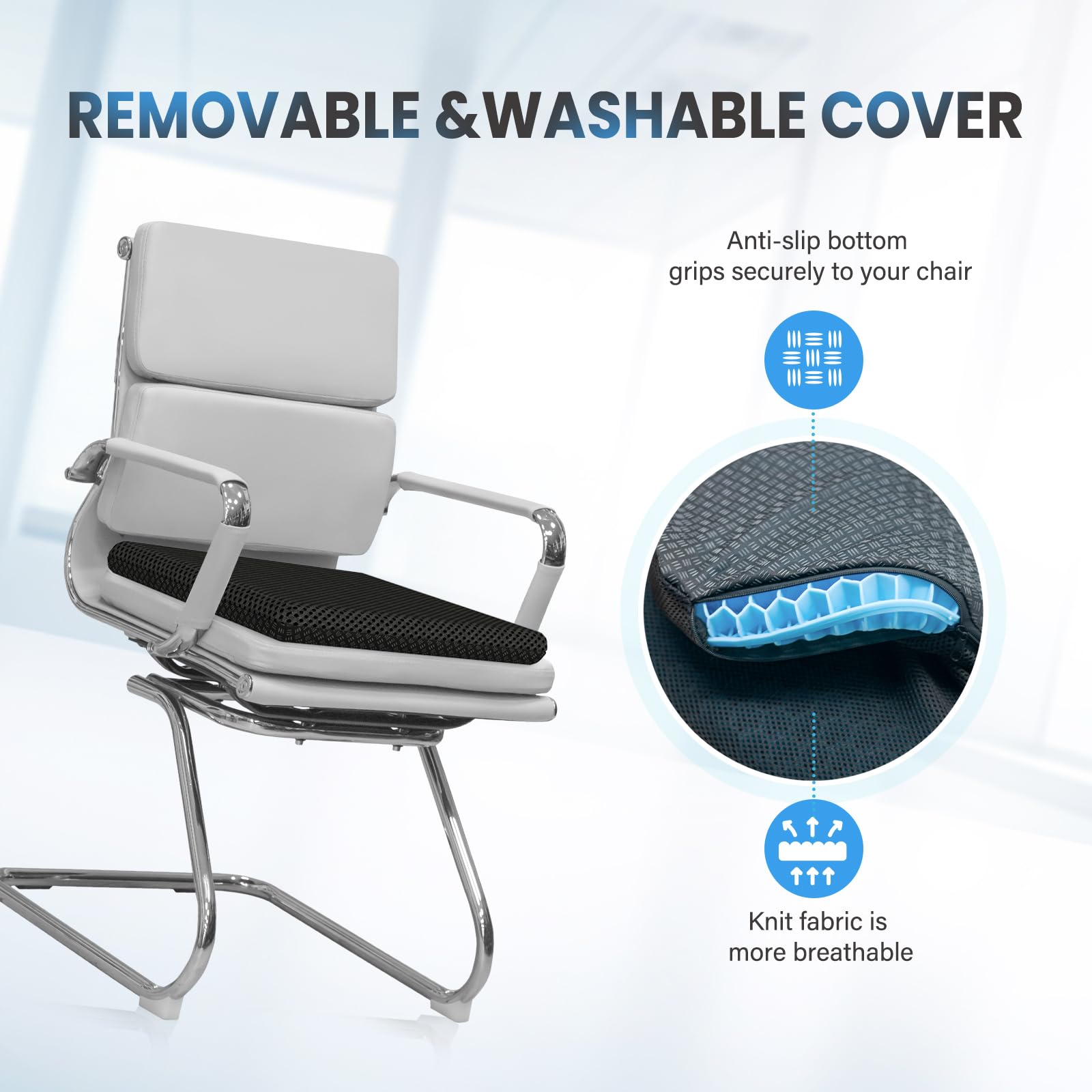 Cuscino per seduta in gel, per sedia da ufficio, comodo e traspirante, adatto per auto, ufficio, casa, sedia a rotelle, con fodera lavabile, per stare comodi e freschi (Azzurro, 44cm*39cm*4cm)