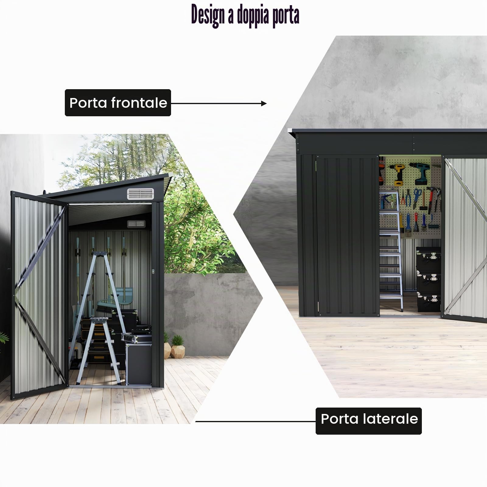HOMASIS Casetta Attrezzi Giardino in Metallo, Capanno per Attrezzi con 2 Porte e 2 Finestre per Ventilazione, 235 x 117 x 185 cm, Ripostiglio da Esterno con 2 Paia di Guanti (Grigio Scuro)