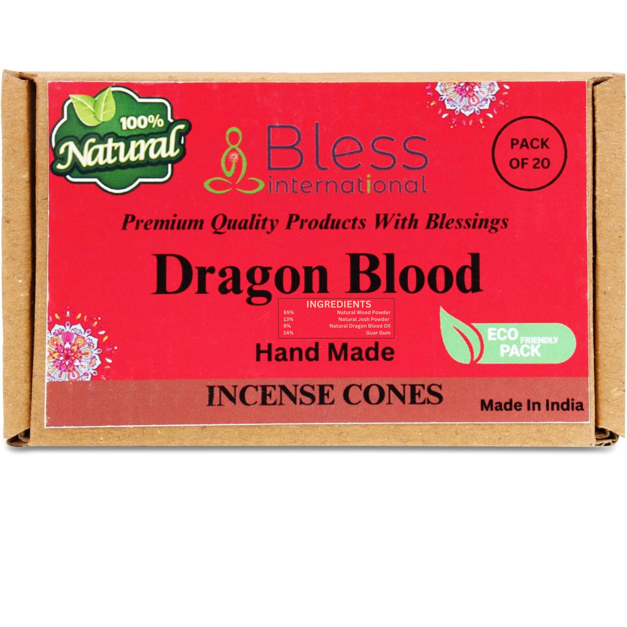 Bless-International Dragon Blood 100%-Natural-Incense-Cones Handmade-Hand-Dipped Organic-Chemicals-Free for-Purification-Relaxation-Positivity-Yoga-Meditation The-Best-scents (20 Count)