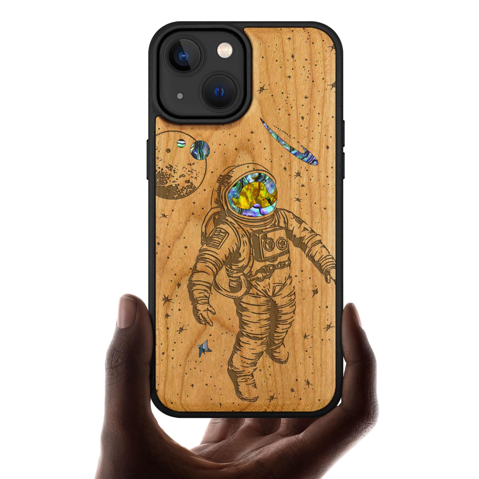Carveit Designer Wooden Protective Case for iPhone 14 Magnetic Case Cover [Wood Engraving & Shell Inlay] Compatible with iPhone 14 MagSafe Case (Cosmic Wanderer-Cherry)
