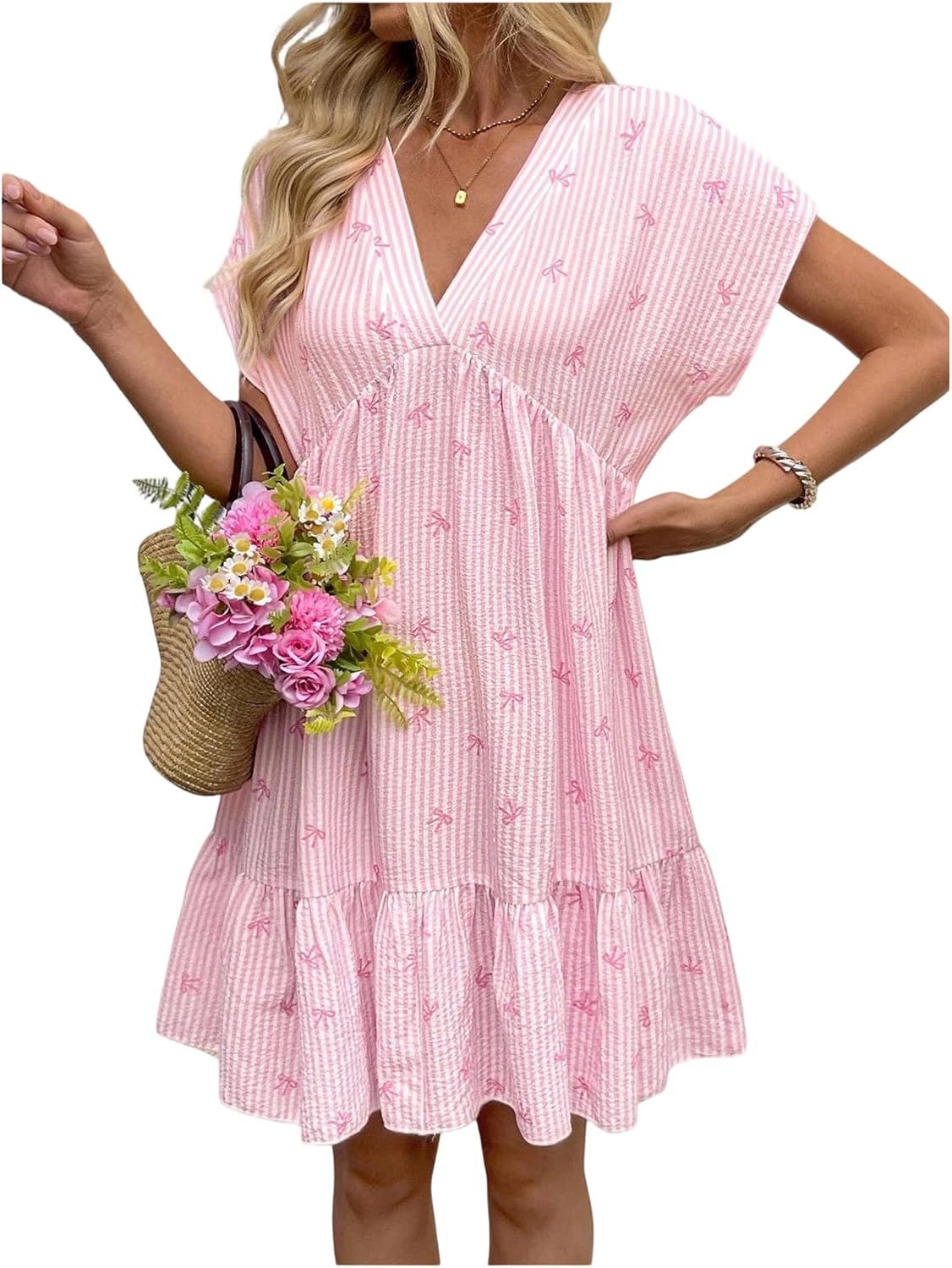 SOLY HUX Women's Summer V Neck Short Smocked Dress Striped Bow Print Ruffle Flowy Vacation Dresses