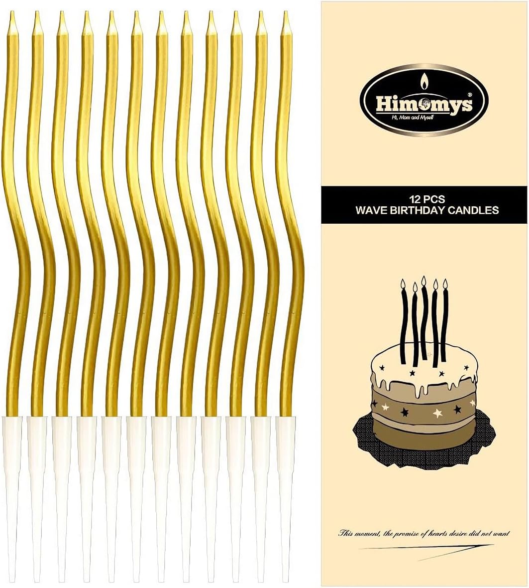 Gold Spiral Long Thin Birthday Candles for Cake – Metallic Cake Decorations, Happy Birthday Candles with Holders, Long Lasting & Safe (12, Gold)