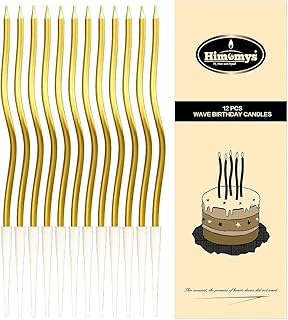 Gold Spiral Long Thin Birthday Candles for Cake – Metallic Cake Decorations, Happy Birthday Candles with Holders, Long Lasting & Safe (12, Gold)