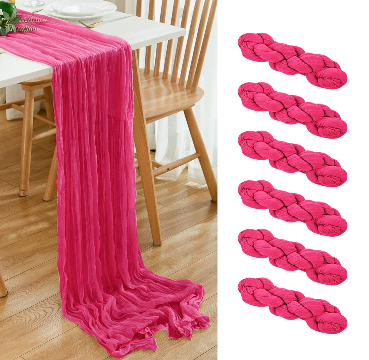 Photo 1 of 6 Pack Hot Pink 10Ft Cheesecloth Table Runner 21x120 Inch Boho Wrinkled Sheer Romantic Gauze Decor for Wedding, Bridal Shower, Birthday Party