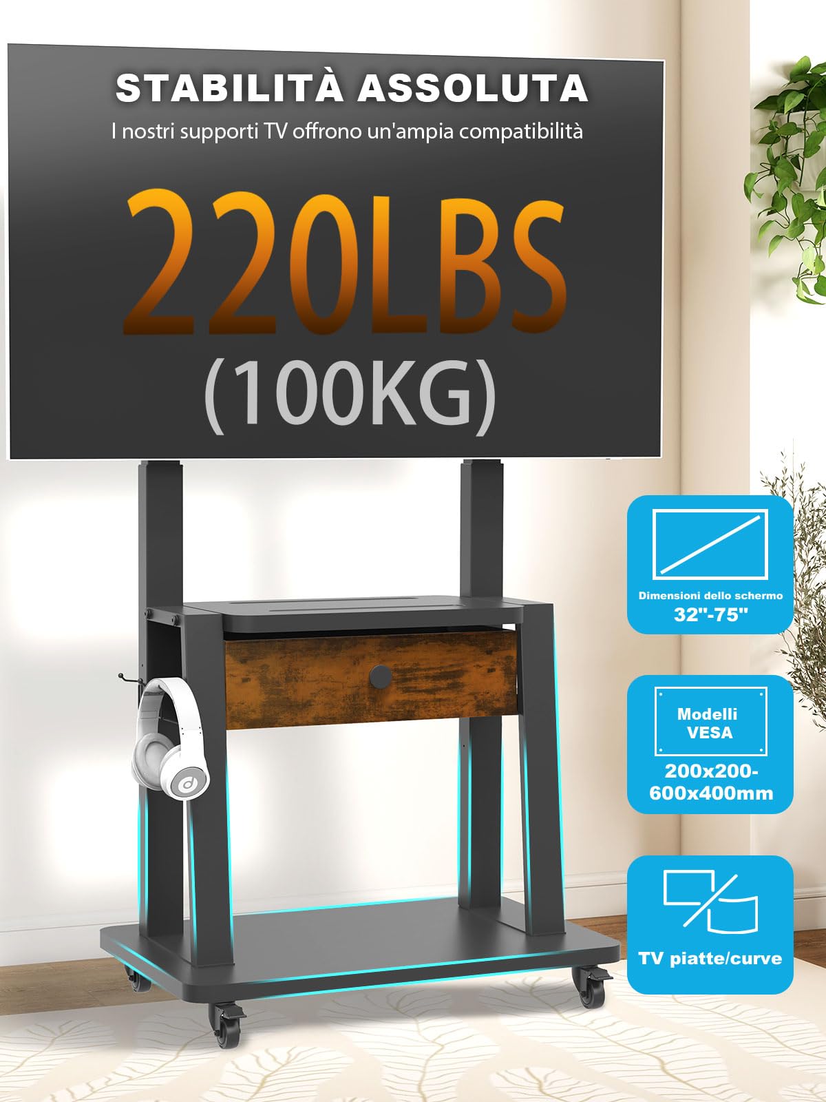 Supporto TV con cassetto in tessuto, per schermo piatto/curvo da 32-75 pollici, fino a 200 libbre LCD/LED/OLED, carrello per TV mobile con ruote per casa ufficio all'aperto Max VESA 600 x 400 mm