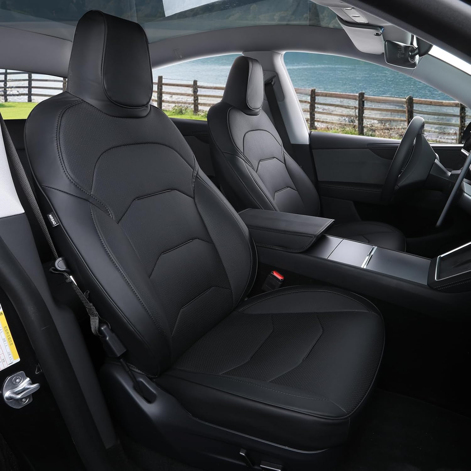 Tesla Model Y Seat Covers 2025 2026 Full Coverage Nappa Leather Car Seat Cover Interior Full Set Accessories Airbag Compatible Cushion Cover Custom Fit(Black,5-Seater)