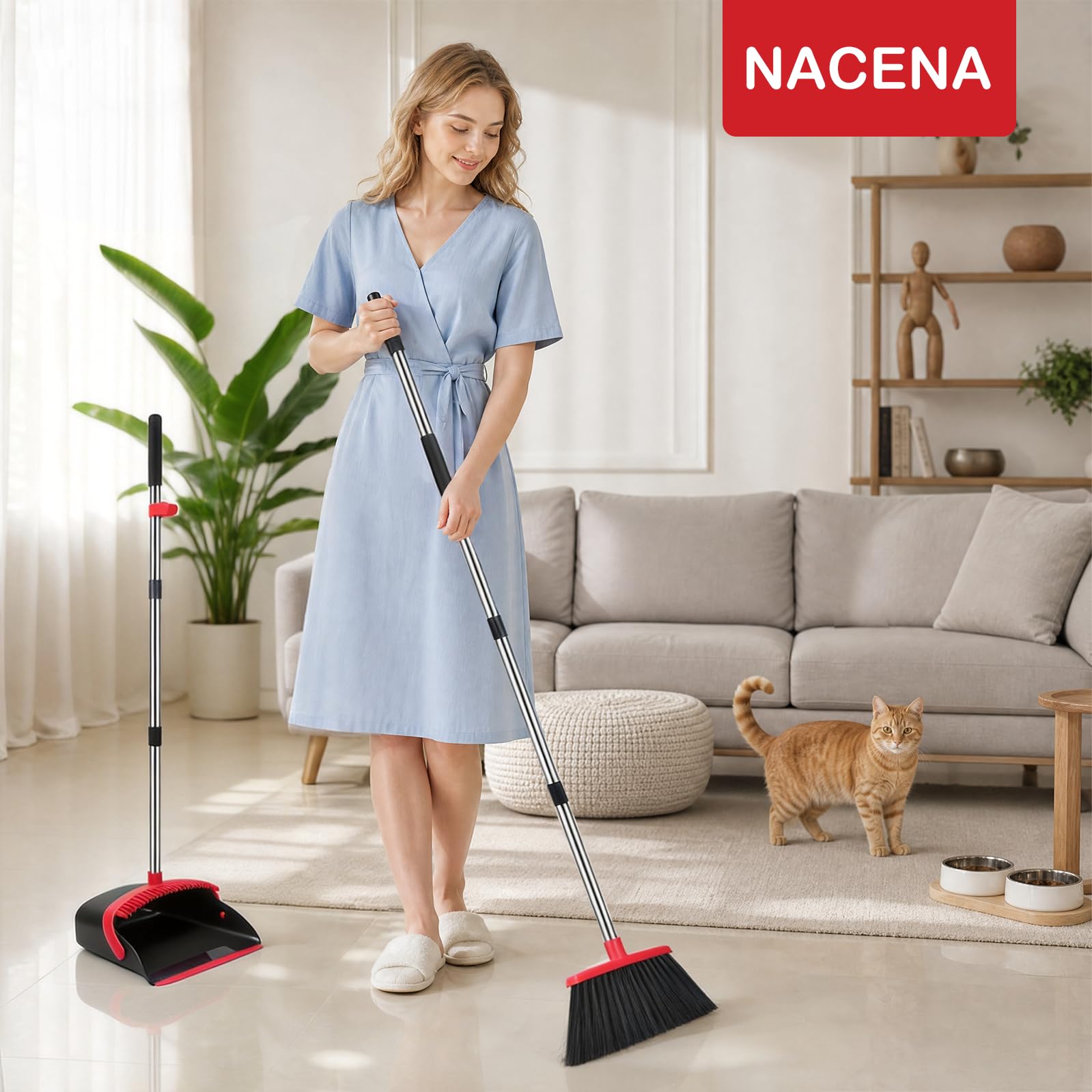 NACENA Set di scopa e paletta, manico regolabile lungo 132,1 cm, con denti per pulire automaticamente i capelli, adatto per casa, cucina, ufficio, corridoio, pavimento (nero e rosso), confezione da 4