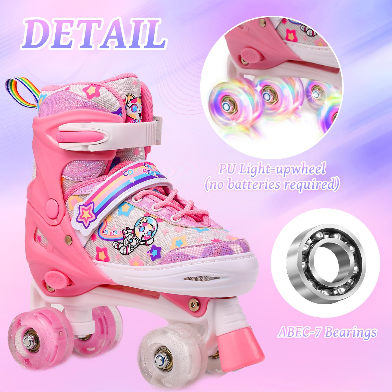 Pattini a Rotelle Bambina, Regolabili Pattini a 4 Ruote con ruote illuminate, 4 Misure Regolabili, Pattini rotelle Per ragazze e ragazzi