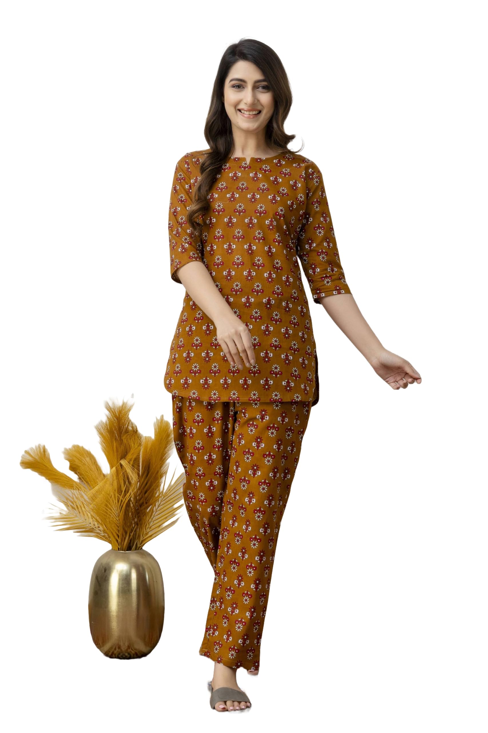 attnico Women's Pure Cotton Night Suit | Booti Floral Print | Soft & Stylish Sleepwear Set | Comfortable Pajama & Top (Small) Mustard Yellow-picture-25