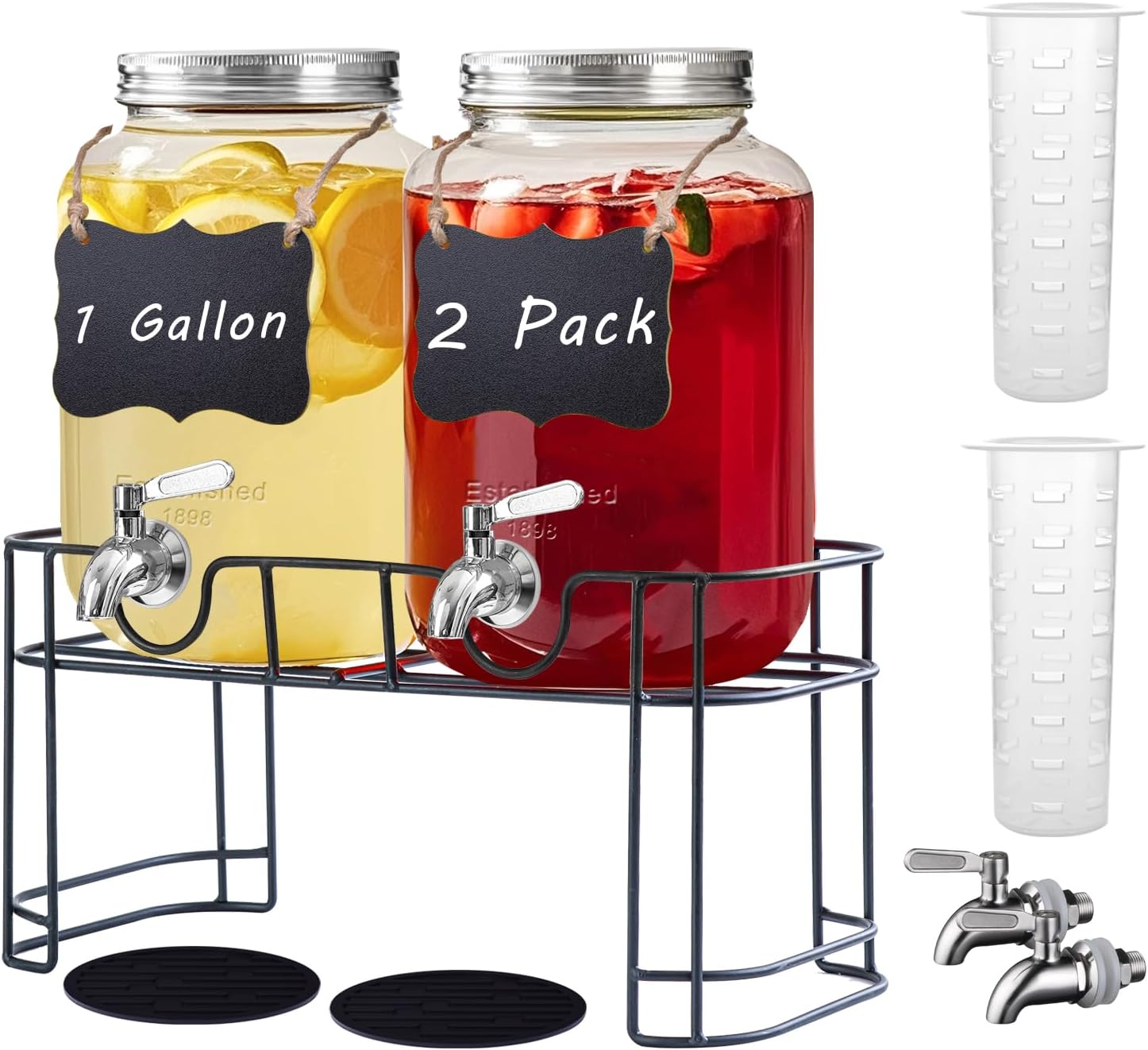 Einfache 1 Gallon Drink Dispenser with Stand,2 Pack Beverage Dispenser with Stand & Stainless Steel Spigot,Glass Water Lemonade Dispensers for Juice,Parties 1Gallon with Stand-2 Pack