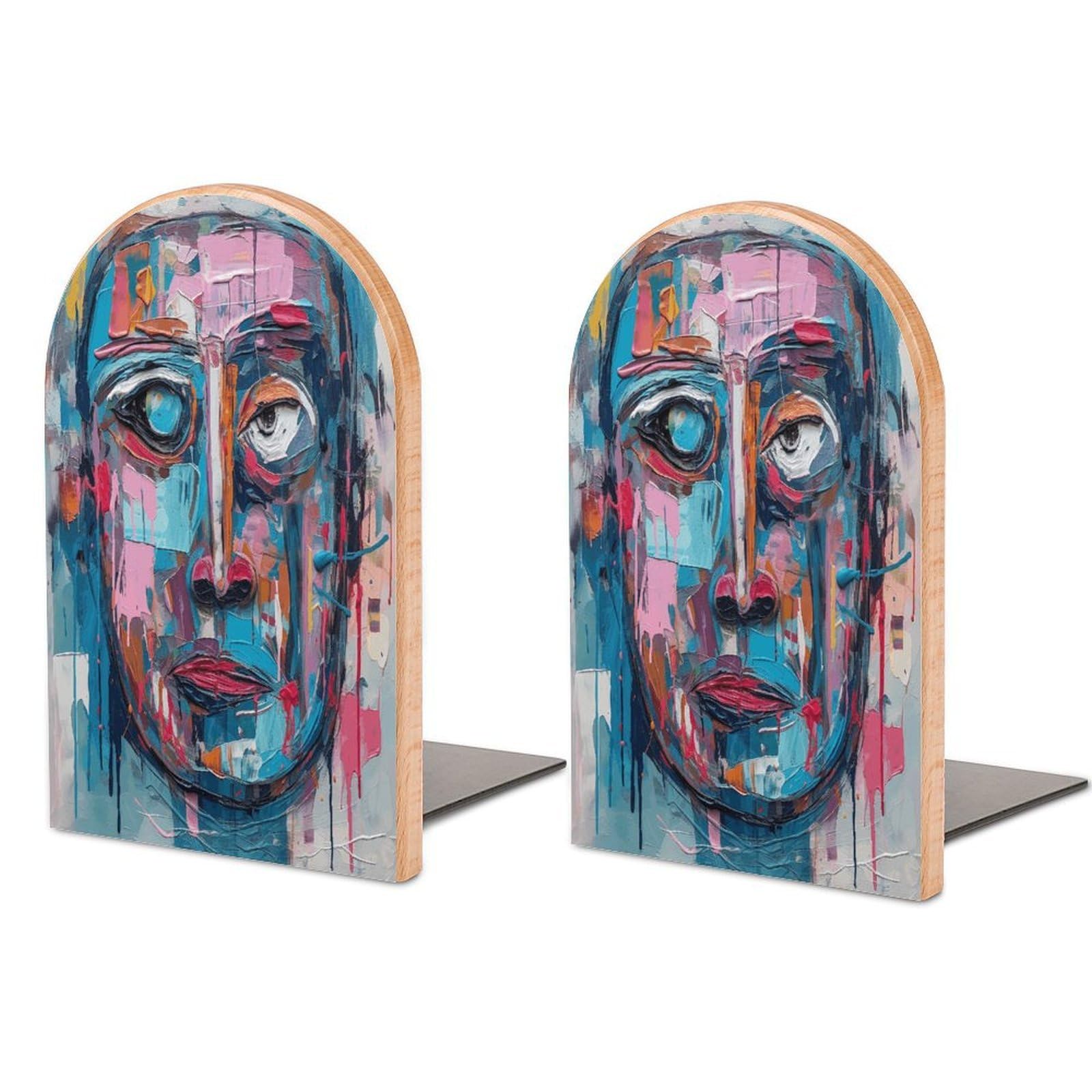 Peach and Blue Face Bookend Non-Skid Wooden Bookends for Shelves Heavy Duty Wood Book Ends Decorative Book Stopper Book Stand Non-Slip Book Organizer for Home Office Library