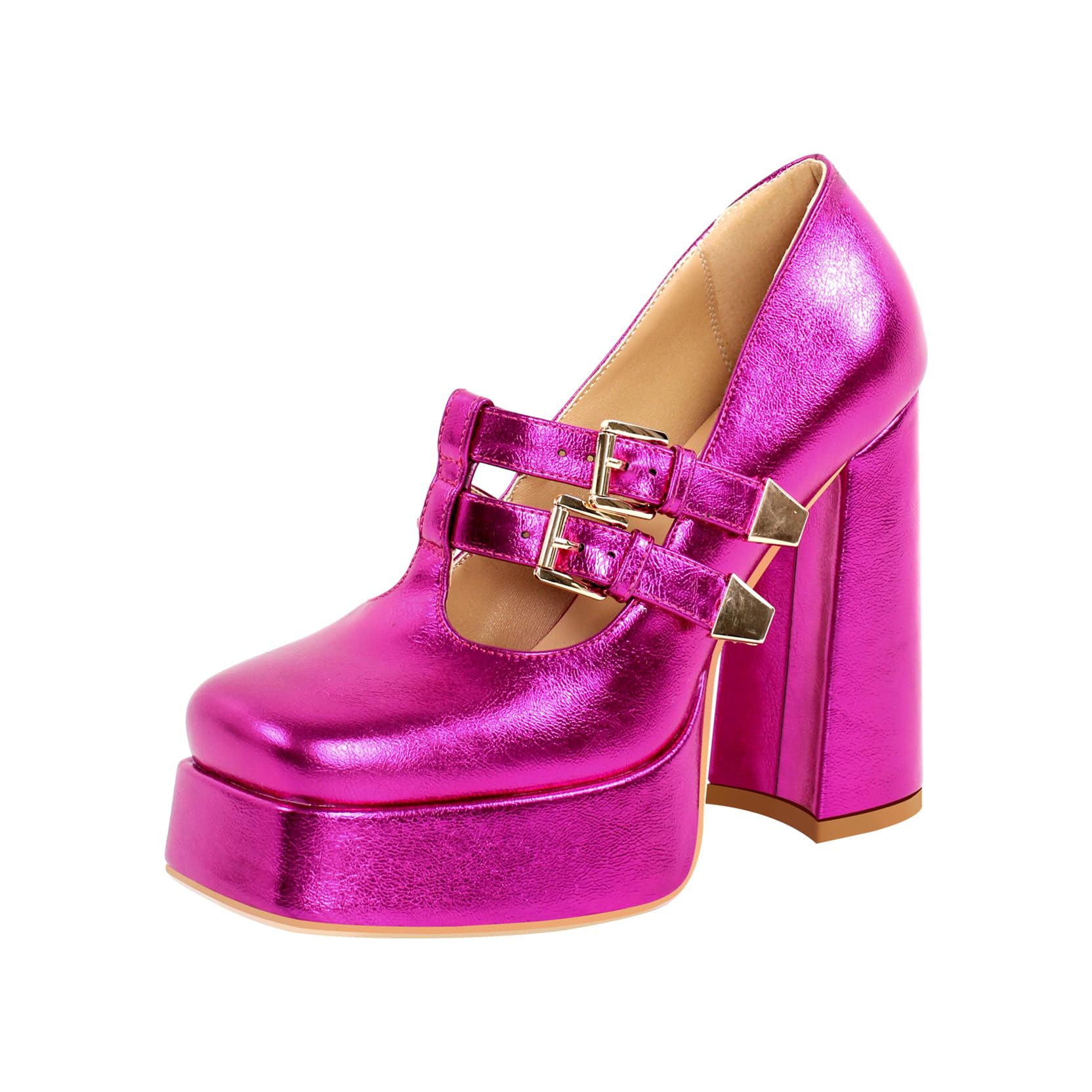 Richealnana Women's Mary Jane Style Pumps Shoes Square Toe Buckle Strap High Heeled Platform Pumps