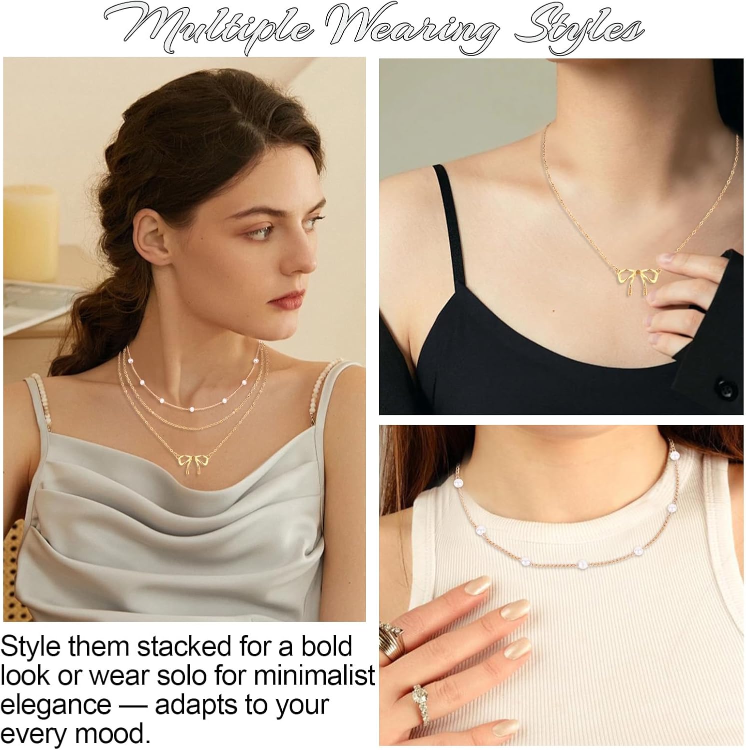 3Pcs Gold Necklace for Women, Bow Necklace Pearl Choker 14K Plated Layered Gold Necklaces Stack Chain Dainty Cute Trendy Women's Jewelry Gifts - Image 4