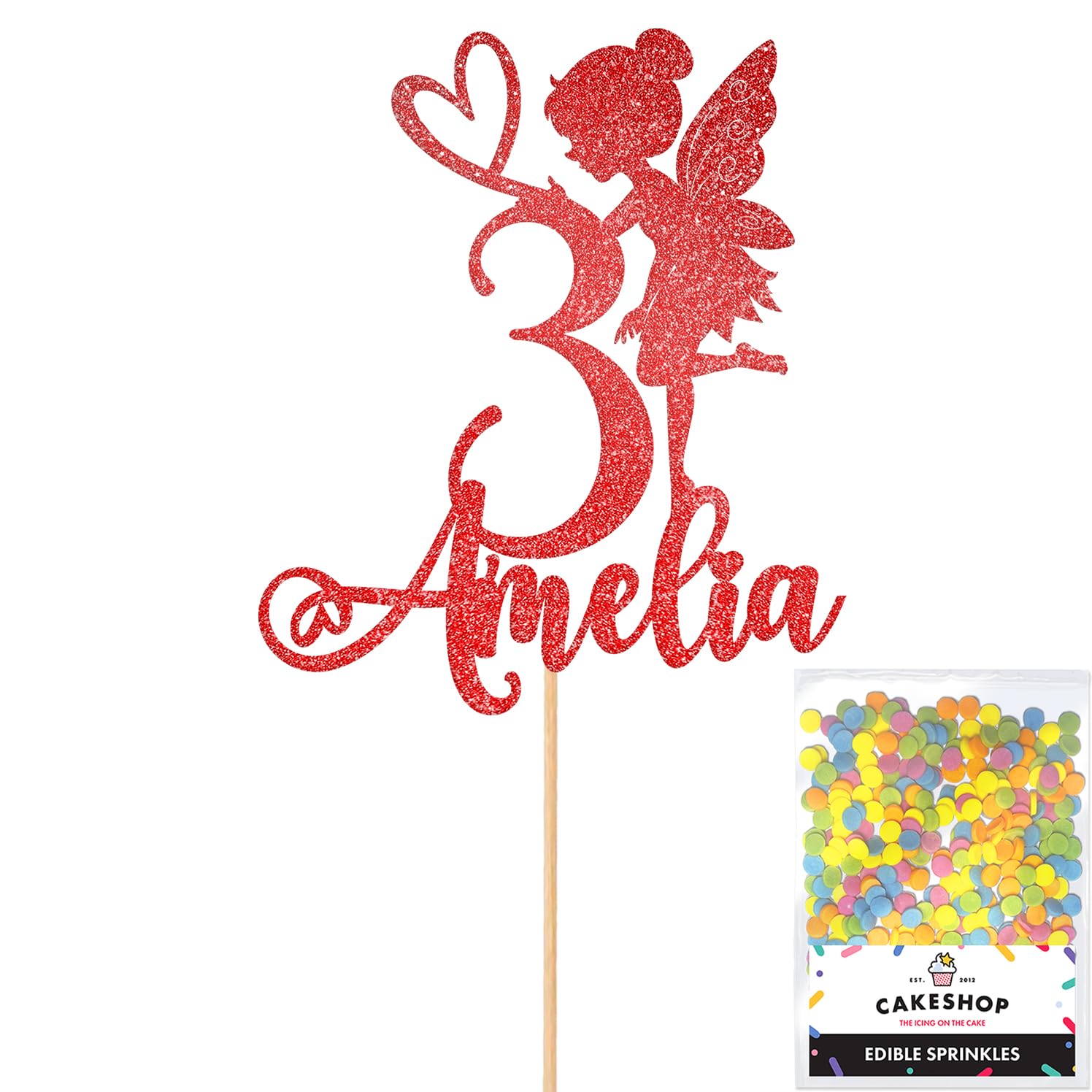 Personalised Fairy Gltter Cake Topper- Red Any Custom Name & Age Glitter Cake Decoration and Sprinkles - Happy Birthday Decorations - Personalised Toppers for Cakes by Cakeshop — image 1