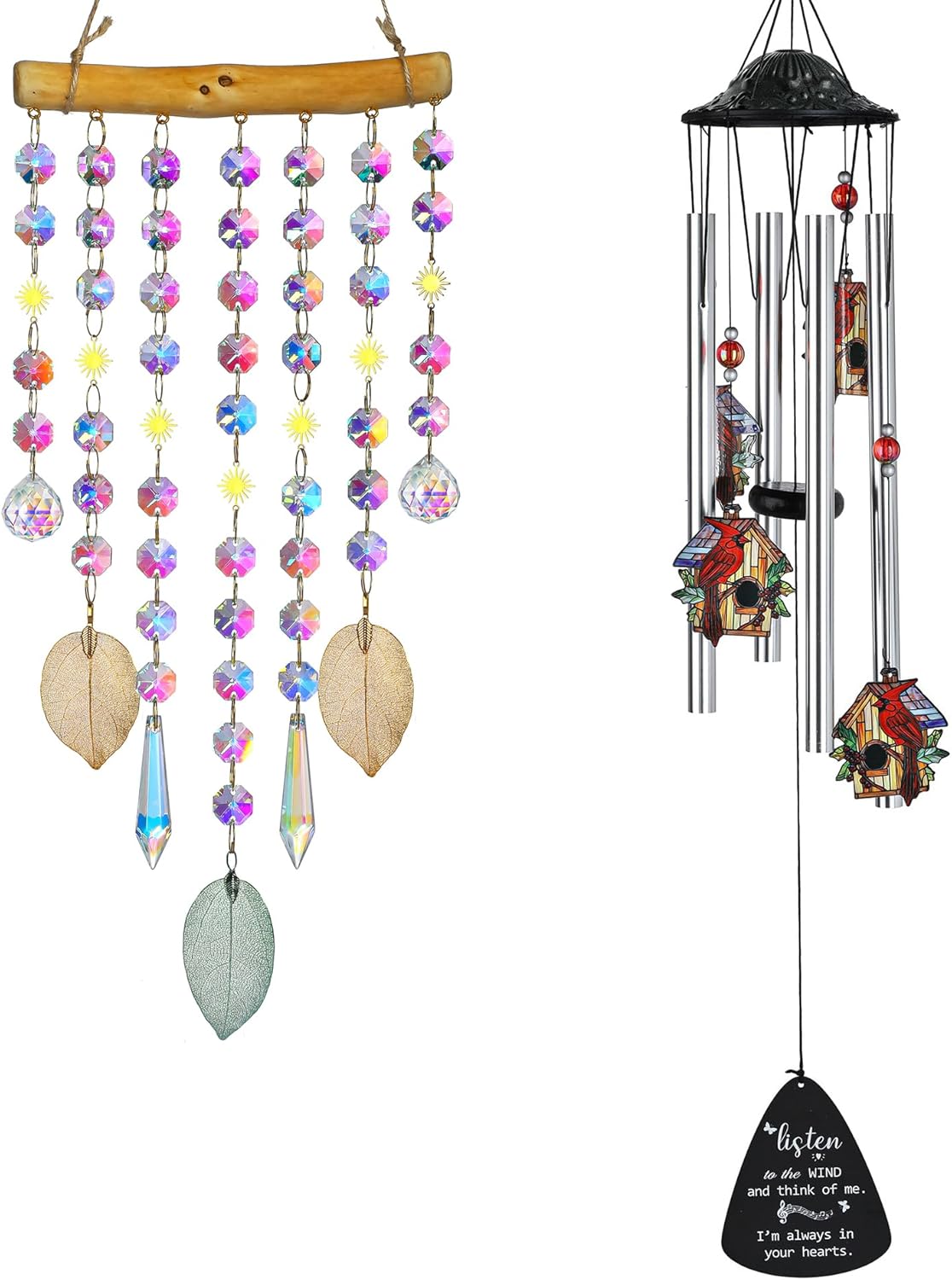 Crystal Leaf Suncatcher and Cardinal Memeorial Wind Chimes for Home Garden Decor Gift