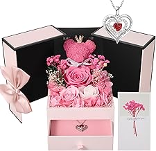 Eternal Rose with Moss Bear for Women, Preserved Natural Flowers with Necklace Original Gifts for Women Mama Girlfriend Gift Box Valentine's Day, Mother's Day, Anniversary, Birthday, Christmas