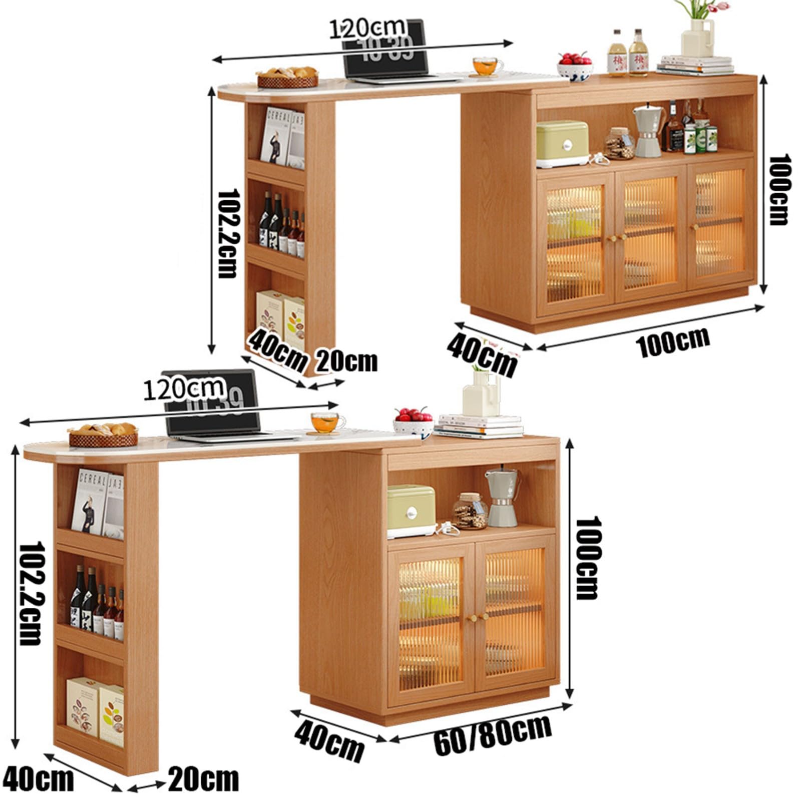 Ausziehbarer Bartisch Mit Stauraum 360° Drehbarer Stehtisch Kücheninsel Mit Glastür Türen 2 Offene Ablagefächer Beweglicher Bar Table für Esszimmer Küchen A,60CM