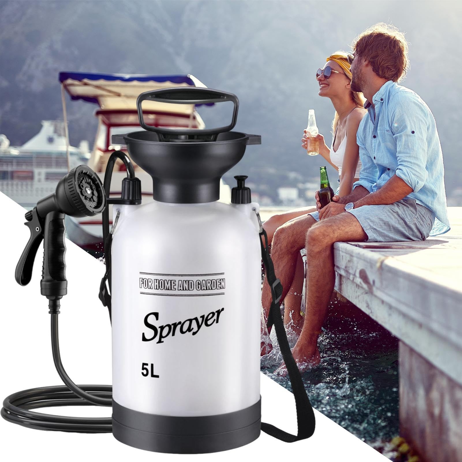 Douche portable Douche mobile avec pompe PE Pulvérisateur de lavage Accessoires d'extérieur avec pommeau de douche et tuyau pour animaux de compagnie et arrosage des plantes ainsi que