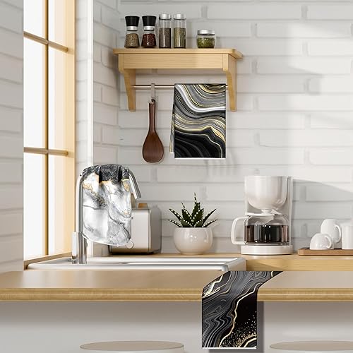 Miniatura 3 de Boyiee Juego de 6 paños de cocina de mármol dorado y negro, paños de cocina absorbentes de 24 x 16 pulgadas, regalos de cocina, toallas de mano,