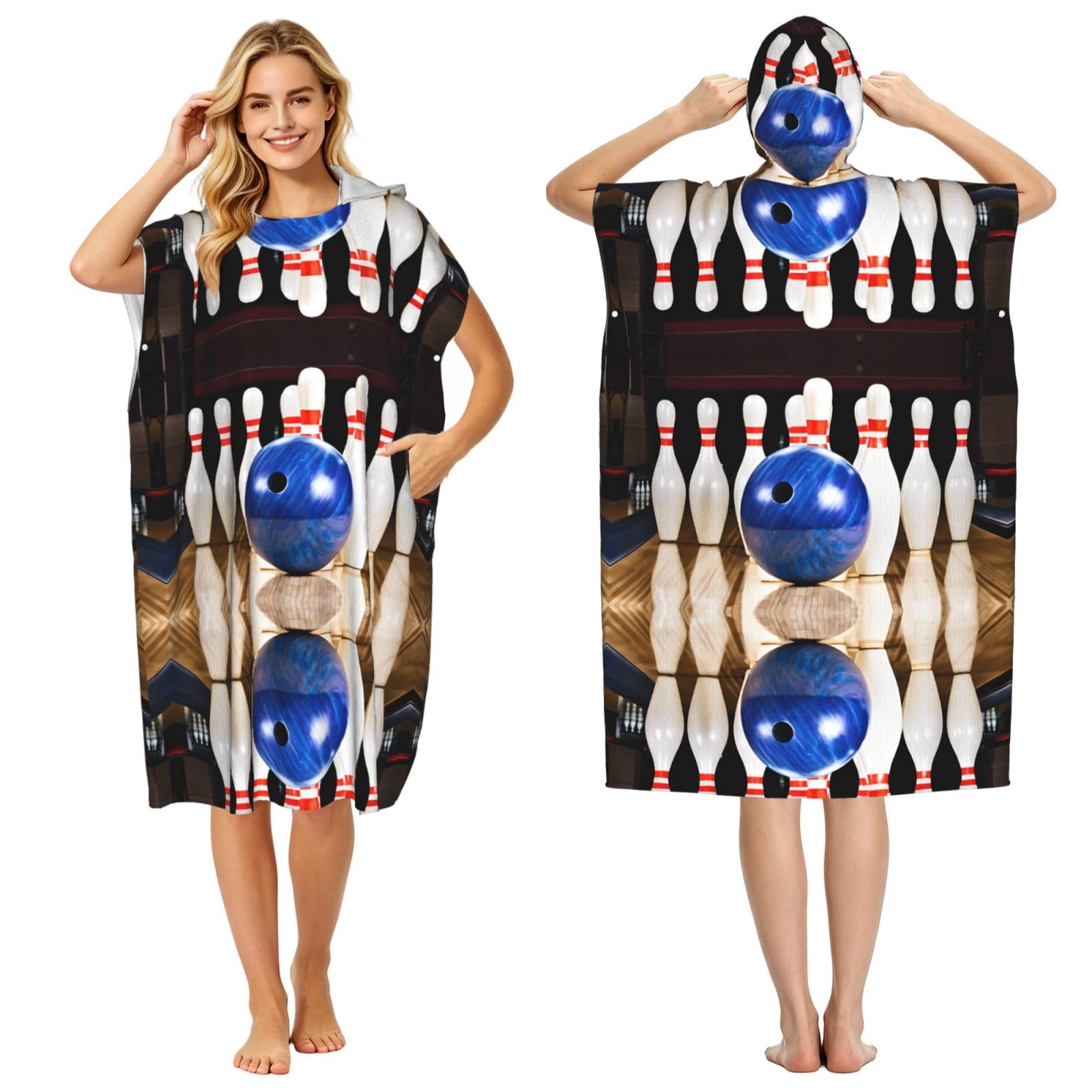 ESNAIUVCD Bowling Print Changing Robe, Hooded Towel Poncho For Swimming Pool, Beach,Quick Dry & Light Weight Towelling Poncho For Adults Women Men